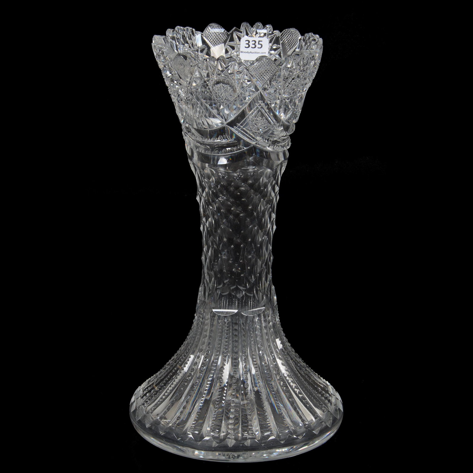 Vase, ABCG, Gladiolus Pattern By Pairpoint: Vase, ABCG, Gladiolus Pattern By Pairpoint, 12.25" X 6.75", St. Louis Diamond Body With Flared Prism Cut Lower Section, Hobstar, Strawberry Diamond, Prism And Fan Border, Ray Cut Base, Exactly As Feat