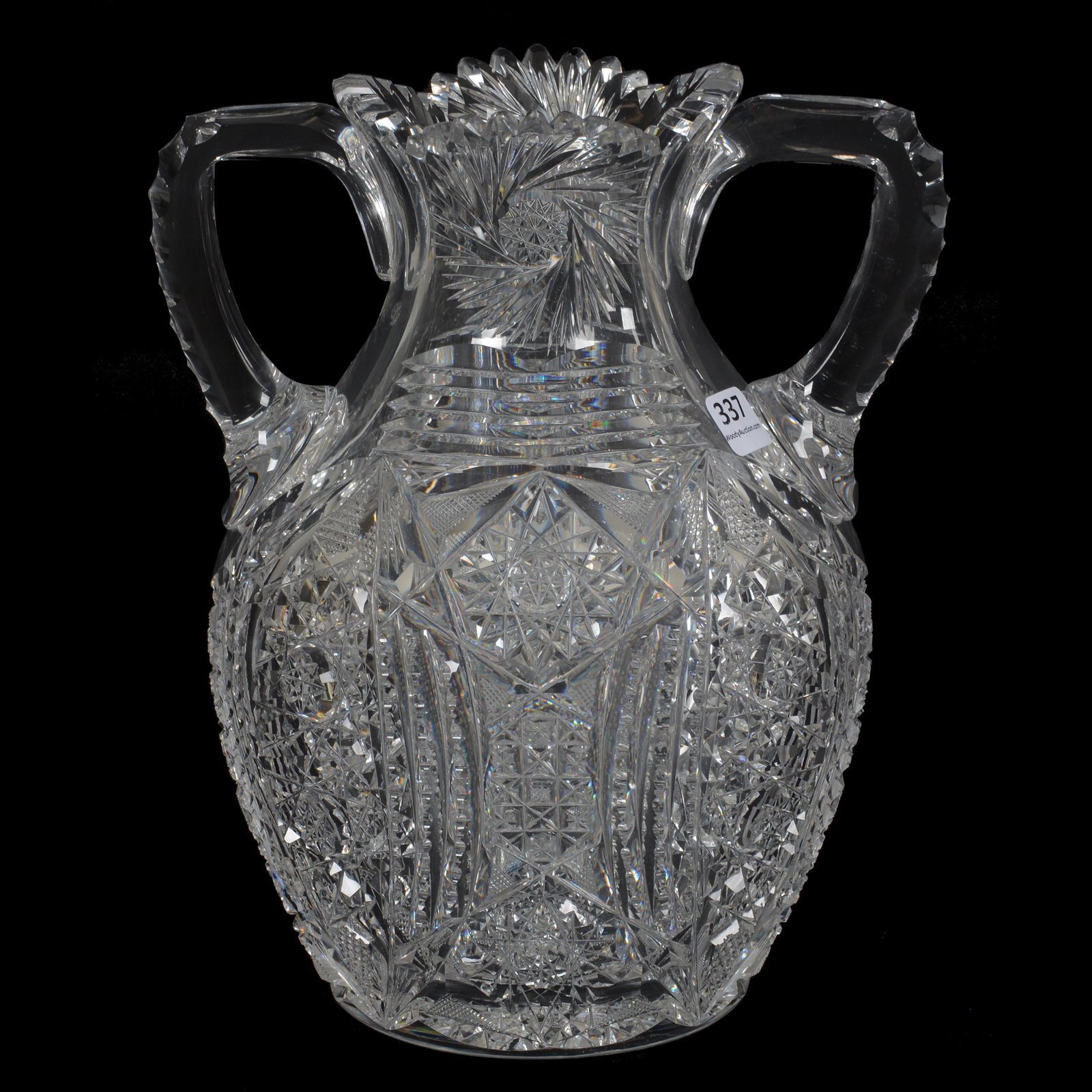 Vase, Two Handles, ABCG: Vase, Two Handles, ABCG, 9.5" X 8", Beautiful Hobstar, Vesica, Block, Strawberry Diamond, Nailhead Diamond, Prism, Pinwheel And Step Cut Design, Triple Notched Handles, Hobstar Cut Base, Clear Blank, 