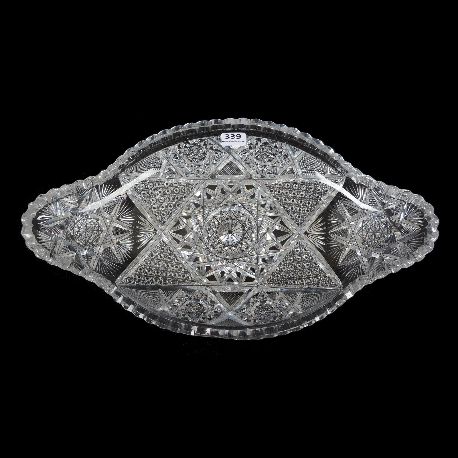 Ice Cream Tray, ABCG: Ice Cream Tray, ABCG, 14" X 7.5", Hobstar, Cane, Notched Fan And Flashed Hobstar Motif, One Tooth Has Side Chip, Ground Rim, Bernard F. Jamison Collection