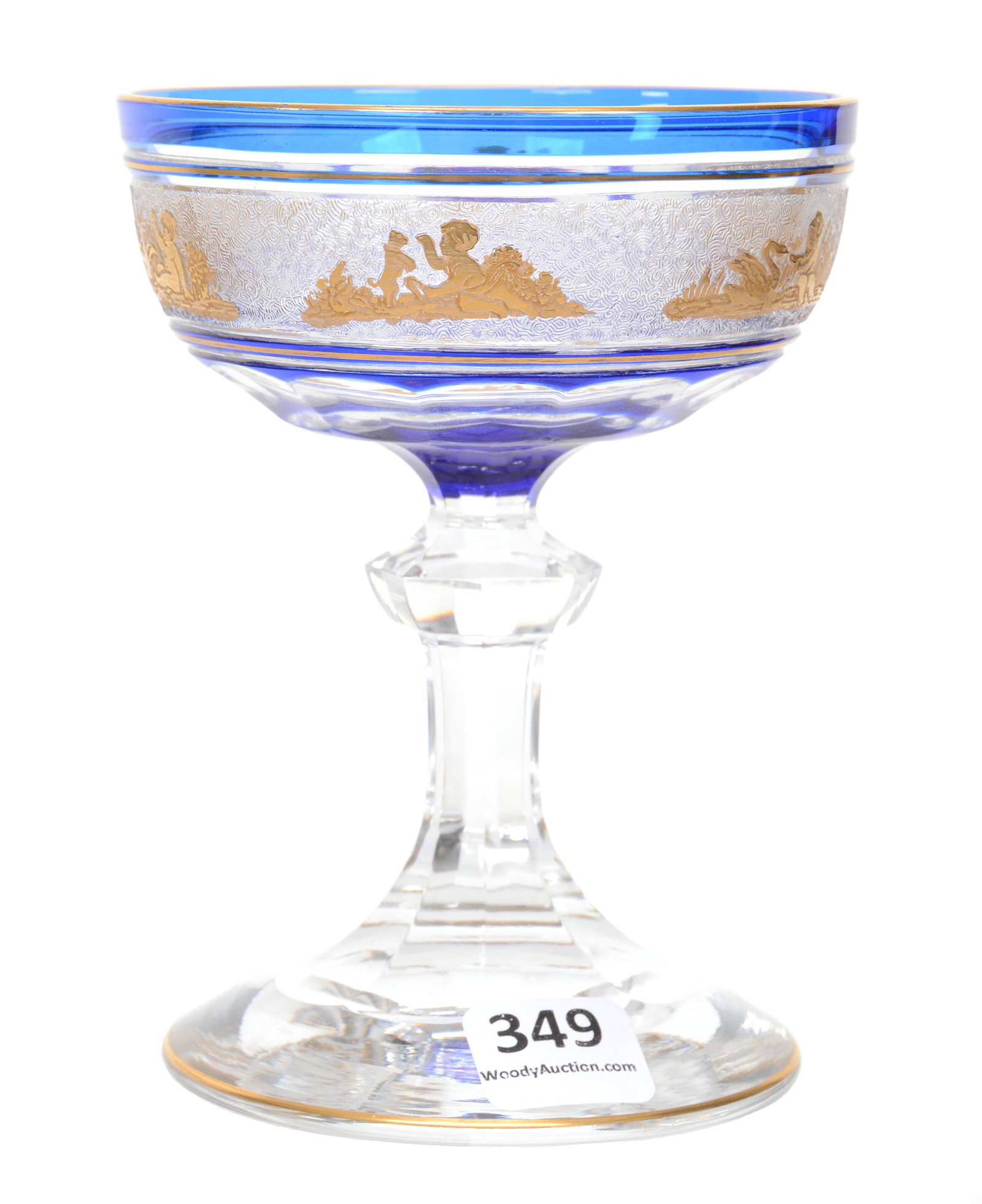 Champagne Stem, BPCG, Blue Cut To Clear: Champagne Stem, BPCG, Blue Cut To Clear, 5", Attributed To Val St. Lambert, Cherub, Swan And Dog Scenic Decor, West Coast Collection