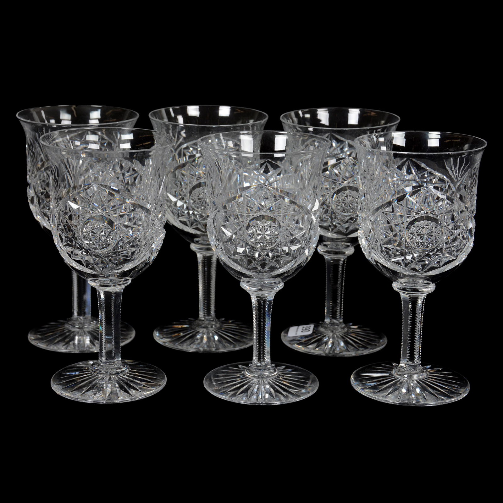 (6) Wine Stems, ABCG: (6) Wine Stems, ABCG, 6.25", Hobstar, Strawberry Diamond And Fan Motif, Ray Cut Foot, Bell Shaped Bowl, (2) Stems Have Light Rim Roughness, Bernard F. Jamison Collection