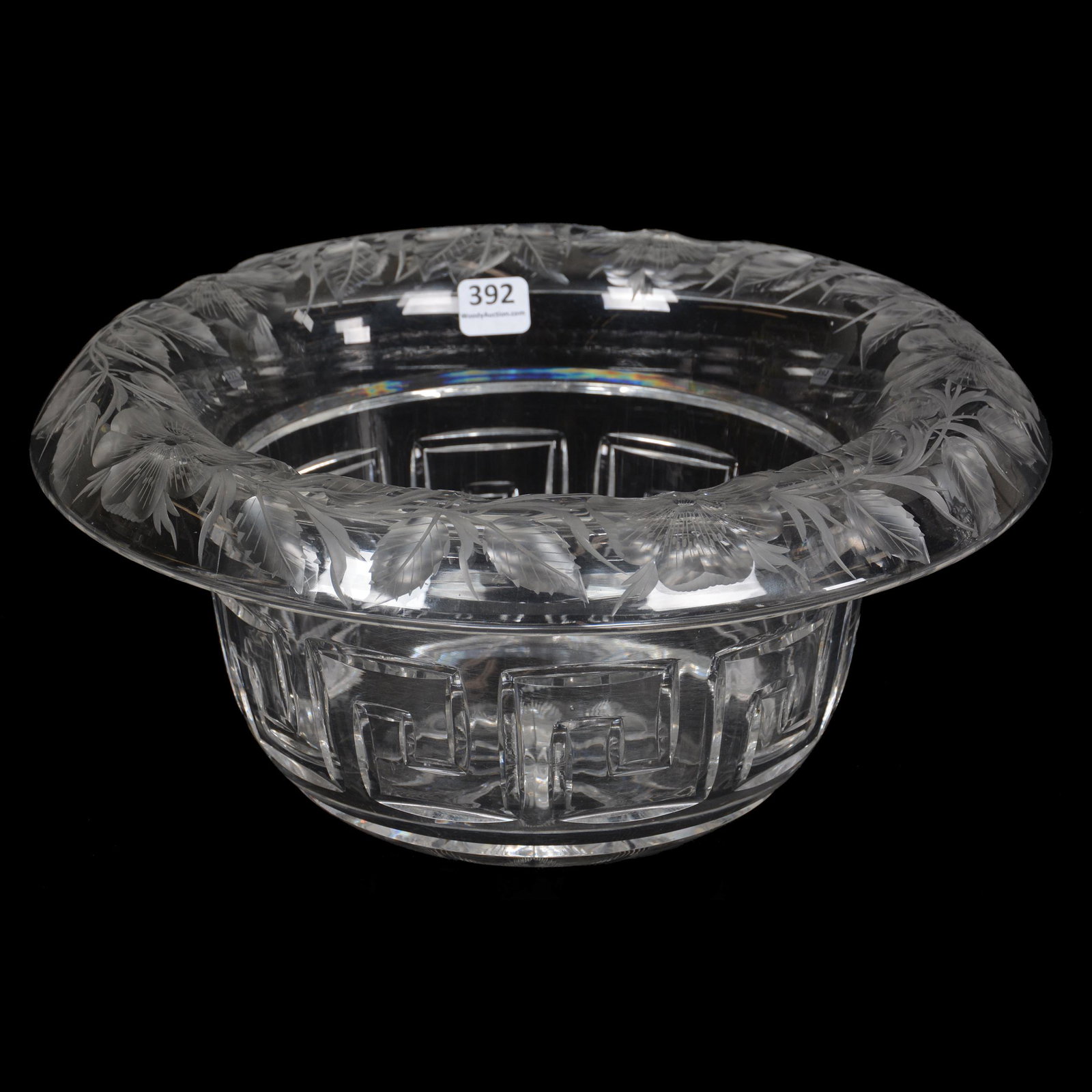 Bowl, Derby/Bowler Hat Shape, ABCG: Bowl, Derby/Bowler Hat Shape, ABCG, 5.5" X 12", Flashed Ray Cut Center With Greek Key Body, Engraved Rosemere Pattern Border, Attributed To Tuthill, Pacific NW Collection