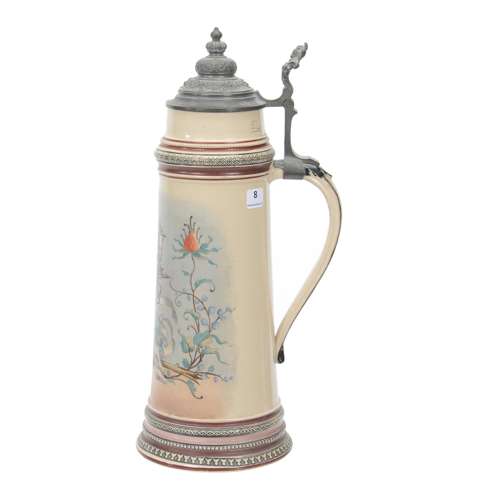 Tankard, Unmarked Mettlach Style: Tankard, Unmarked Mettlach Style, #567 on base, 15.75", Classic Scene Of Man Holding Chalice, Pewter Lid, Two Liter, Dan & Mary Arnold Collection. UPDATED 3-9-21: Added "Style" to Title.
