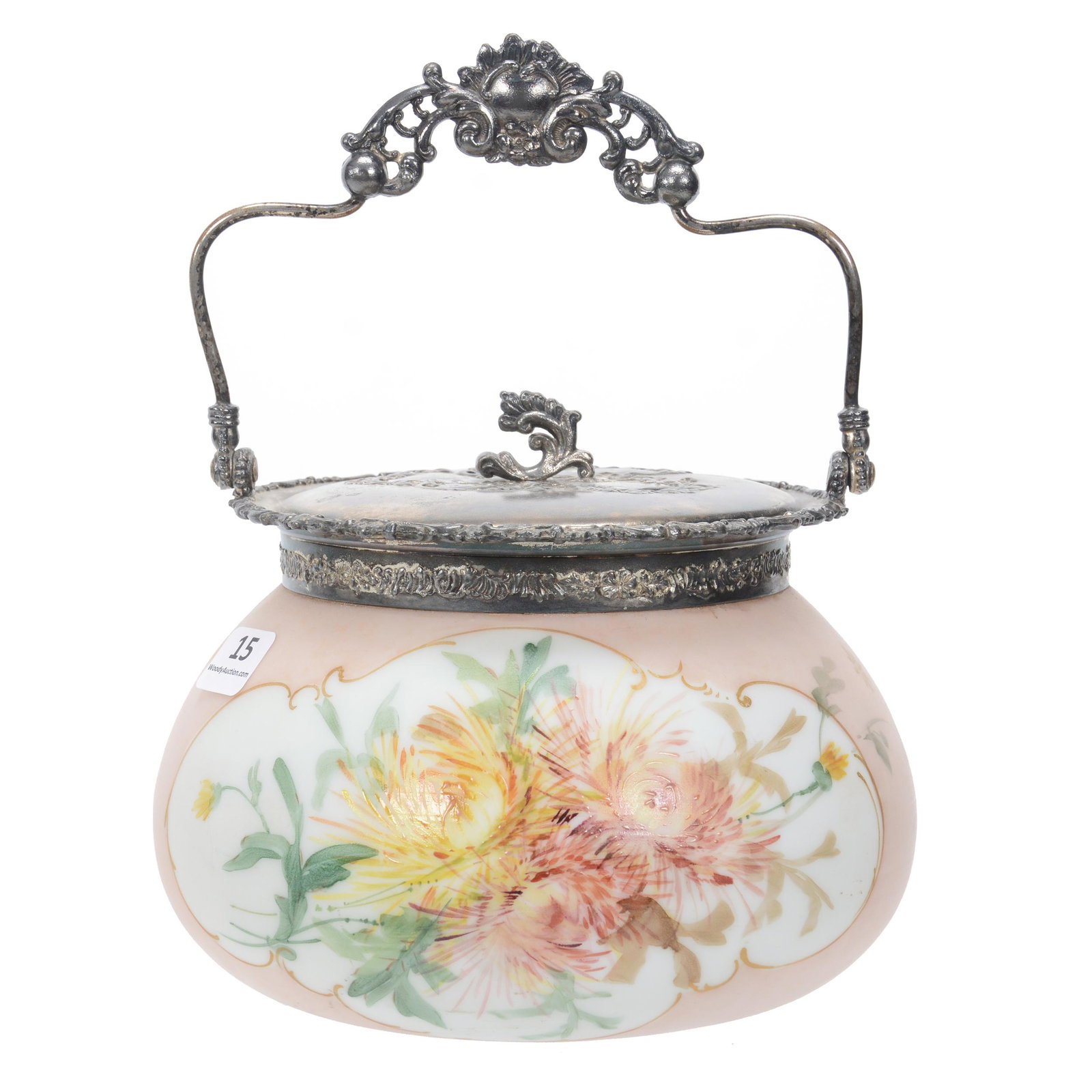 Biscuit Jar, Unmarked Pairpoint Art Glass: Biscuit Jar, Unmarked Pairpoint Art Glass, 5.75" X 7", Pink And White With Floral Decor, Silverplate Lid And Bail, Lid Marked Pairpoint #3912, Crack In Body Of Biscuit Jar, Dan & Mary Arnold Collectio