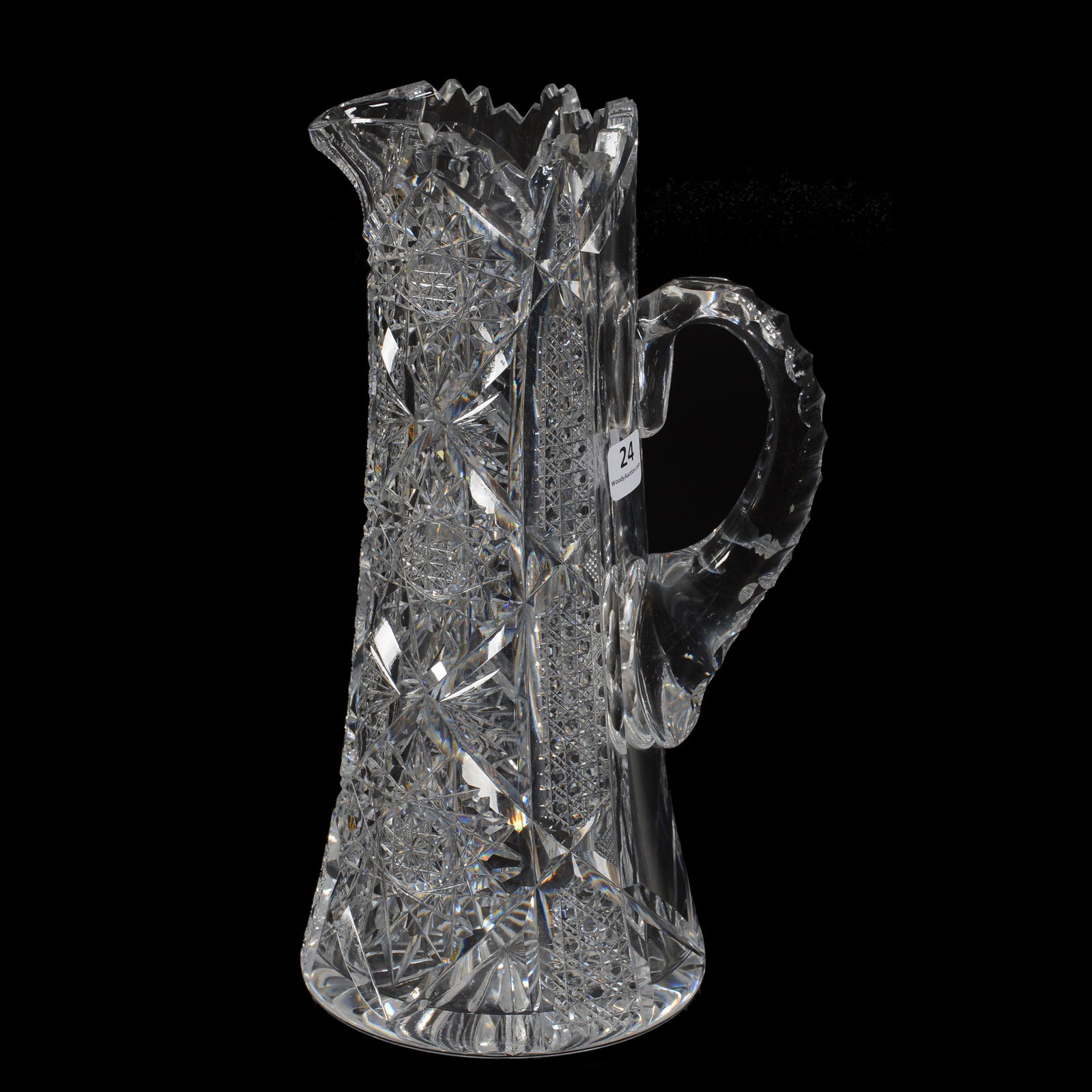 Tankard, American Brilliant Cut Glass: Tankard, American Brilliant Cut Glass, 11.25", Hobstar, Cane And Fan Motif, Triple Notched Handle, Ray Cut Base, Dan & Mary Arnold Collection