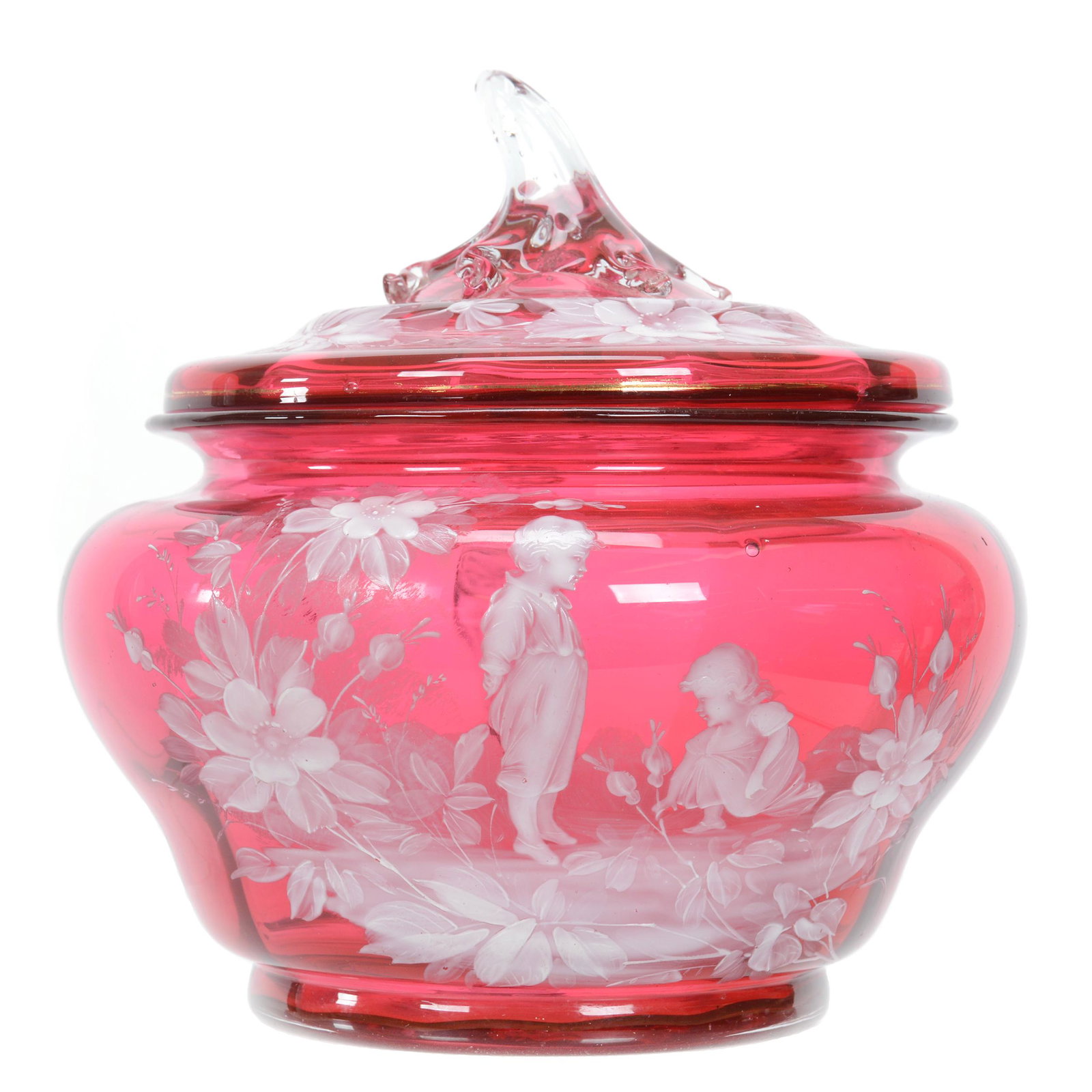 Wassail Bowl, Handled, Covered, Cranberry Art Glass: Wassail Bowl, Handled, Covered, Cranberry Art Glass, 8.5" X 10", Enamel Mary Gregory Scenic Decor With Children And Flowers, Very Nice Quality, Private Collection