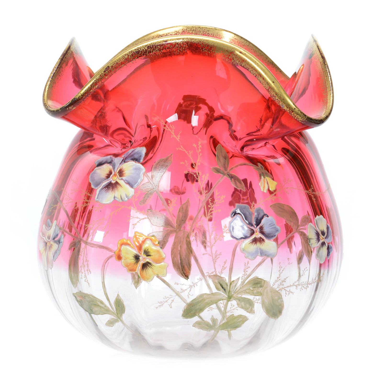 Massive Vase, Decorated Rubina Art Glass Optic Rib: Massive Vase, Decorated Rubina Art Glass Optic Rib, 11.75" X 11.25", Colorful Enamel Pansy Decor, Possibly Moser Or Mont Joye Art Glass, Largest Of This Type Vase Woody Auction Has Ever Sold, Nicholas