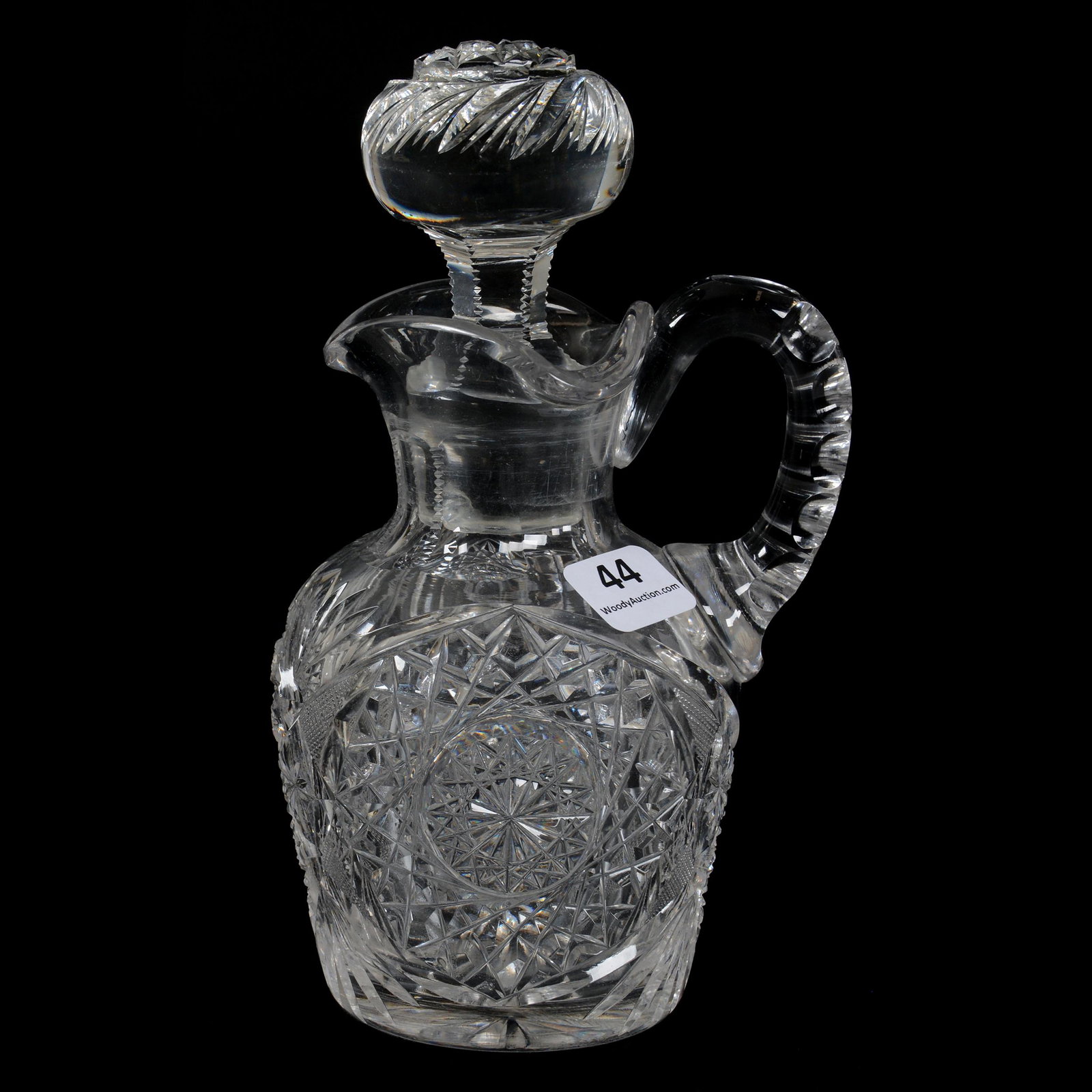 Catsup Bottle, American Brilliant Cut Glass: Catsup Bottle, American Brilliant Cut Glass, 7", Hobstar, Strawberry Diamond, Star And Fan Motif, Large Stopper, Double Notched Handle, Ray Cut Base, Trefoil Spout, Some Chipping On Stopper, Dan & Mar
