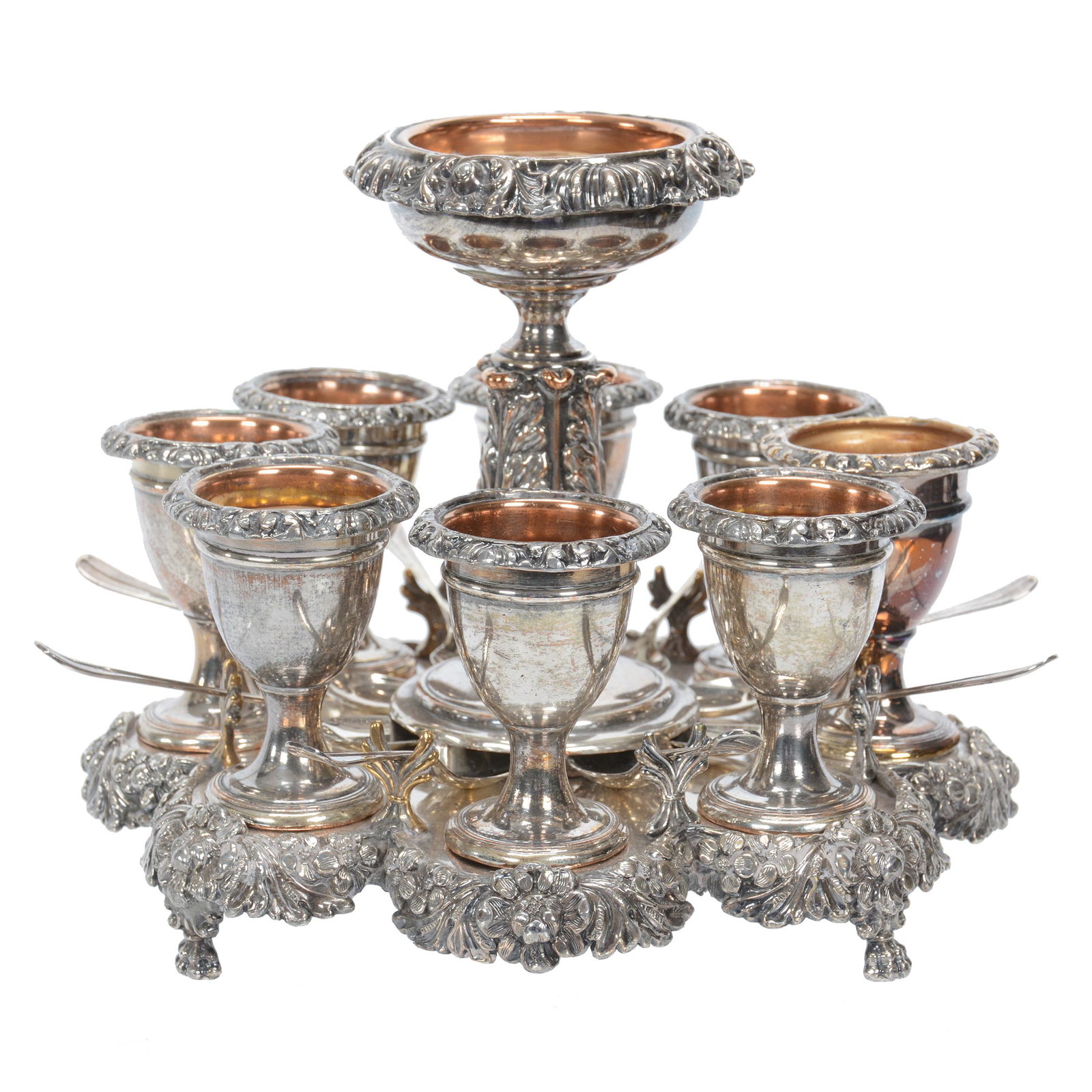 Early Victorian Sheffield English Silverplate Egg set: Early Victorian Sheffield English Silverplate Egg Set, 7" X 8", Elaborate Scalloped And Embossed Serving Tray With Eight Removeable Egg Cups And Center Salt Cellar, Sells With Eight English Sterling S