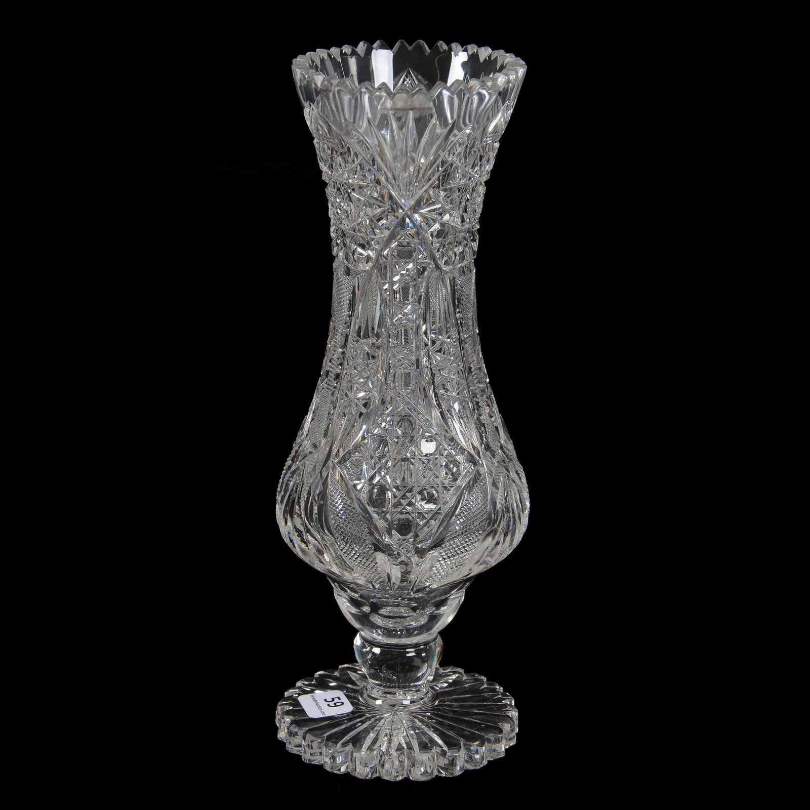 Pedestal Vase, American Brilliant Cut Glass: Pedestal Vase, American Brilliant Cut Glass, 10.25", Hobstar, Cane, Vesica, Strawberry Diamond, Zipper And Fan Motif, Scalloped Ray Cut Foot, Clear Blank, Dan & Mary Arnold Collection