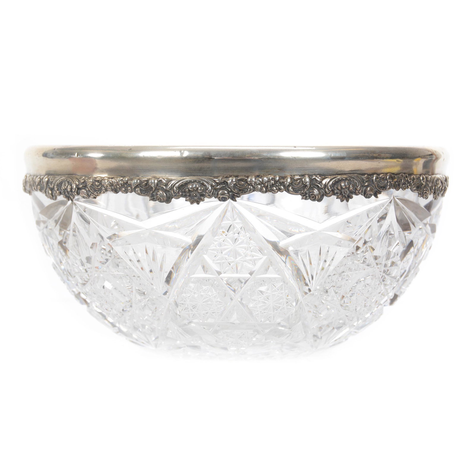 Bowl, ABCG, Embossed Sterling Silver Rim: Bowl, American Brilliant Cut Glass, Embossed Sterling Silver Rim, 4" X 8", Hobstar Diamond Alternating With Cluster Of Hobstars, Fan Highlights, Hobstar Cut Base, Dan & Mary Arnold Collection