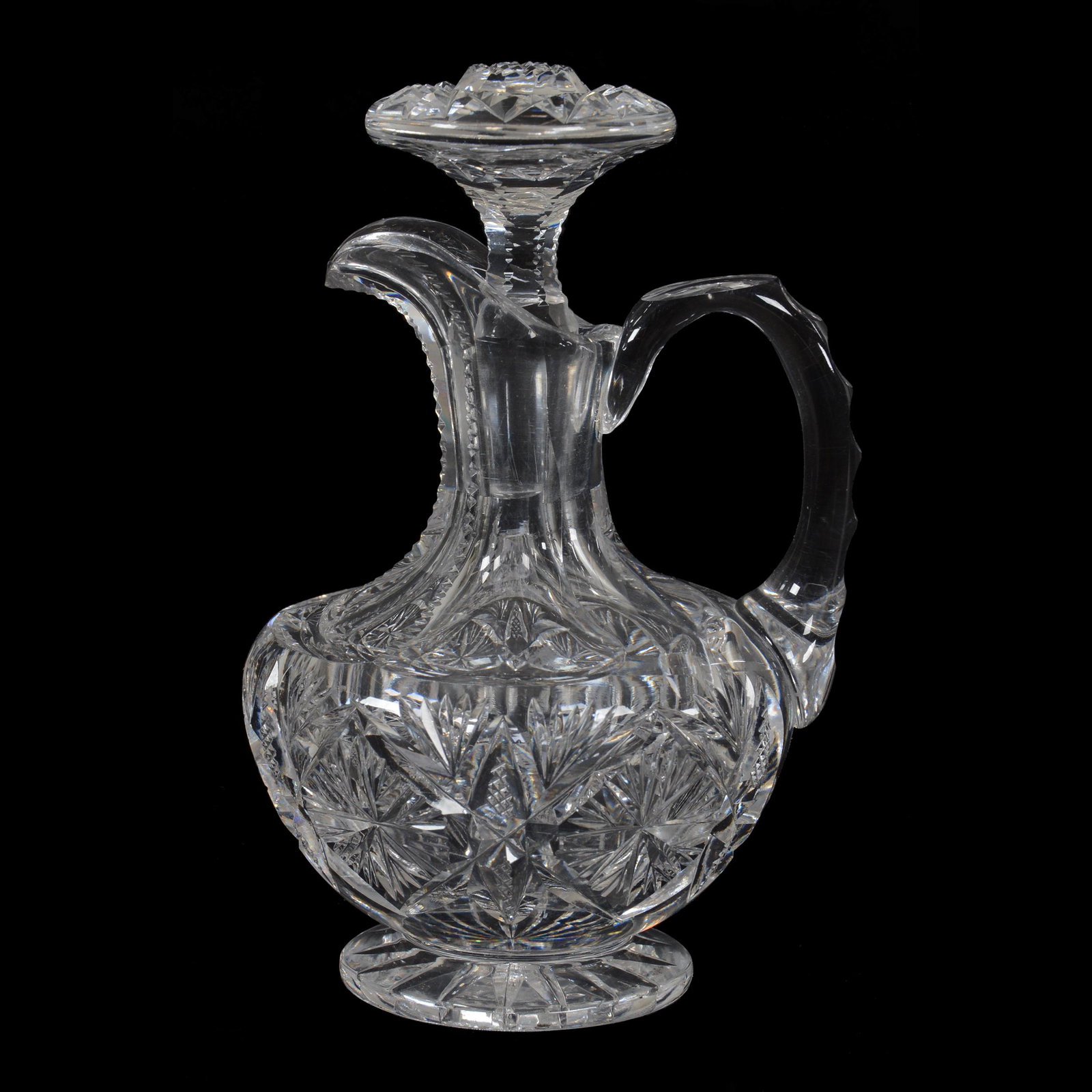 Footed Cruet, American Brilliant Cut Glass: Footed Cruet, American Brilliant Cut Glass, 5.75", Vesica, Strawberry Diamond, Star And Fan Motif, Mushroom Shaped Stopper, Ray Cut Foot, Dan & Mary Arnold Collection