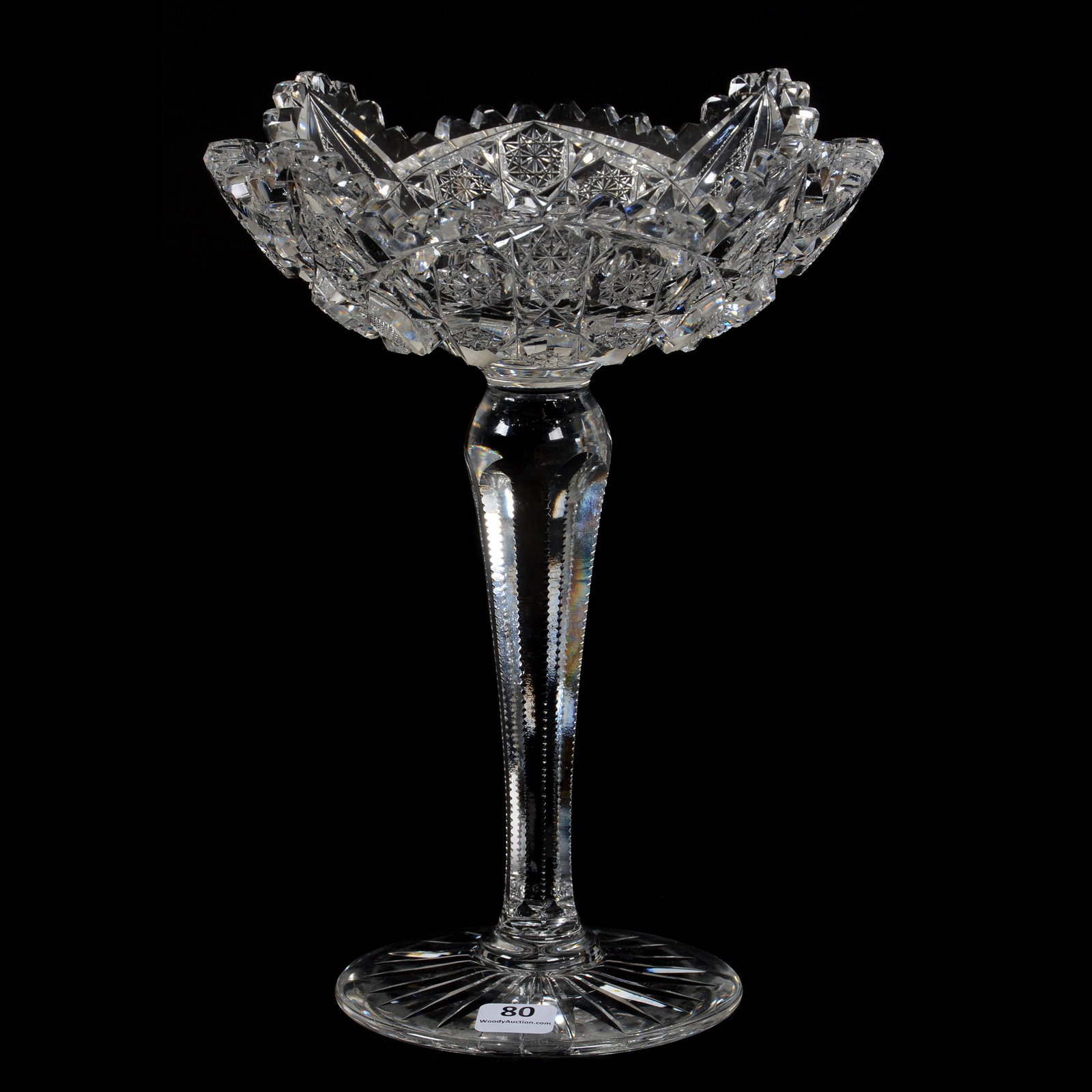 Compote, American Brilliant Cut Glass: Compote, American Brilliant Cut Glass, 10.25" X 7.75", Columbia Pattern Attributed To Quaker City, Solid Notched Stem, Ray Cut Foot, Clear Blank, Rim Tooth Chip, Dan & Mary Arnold Collection
