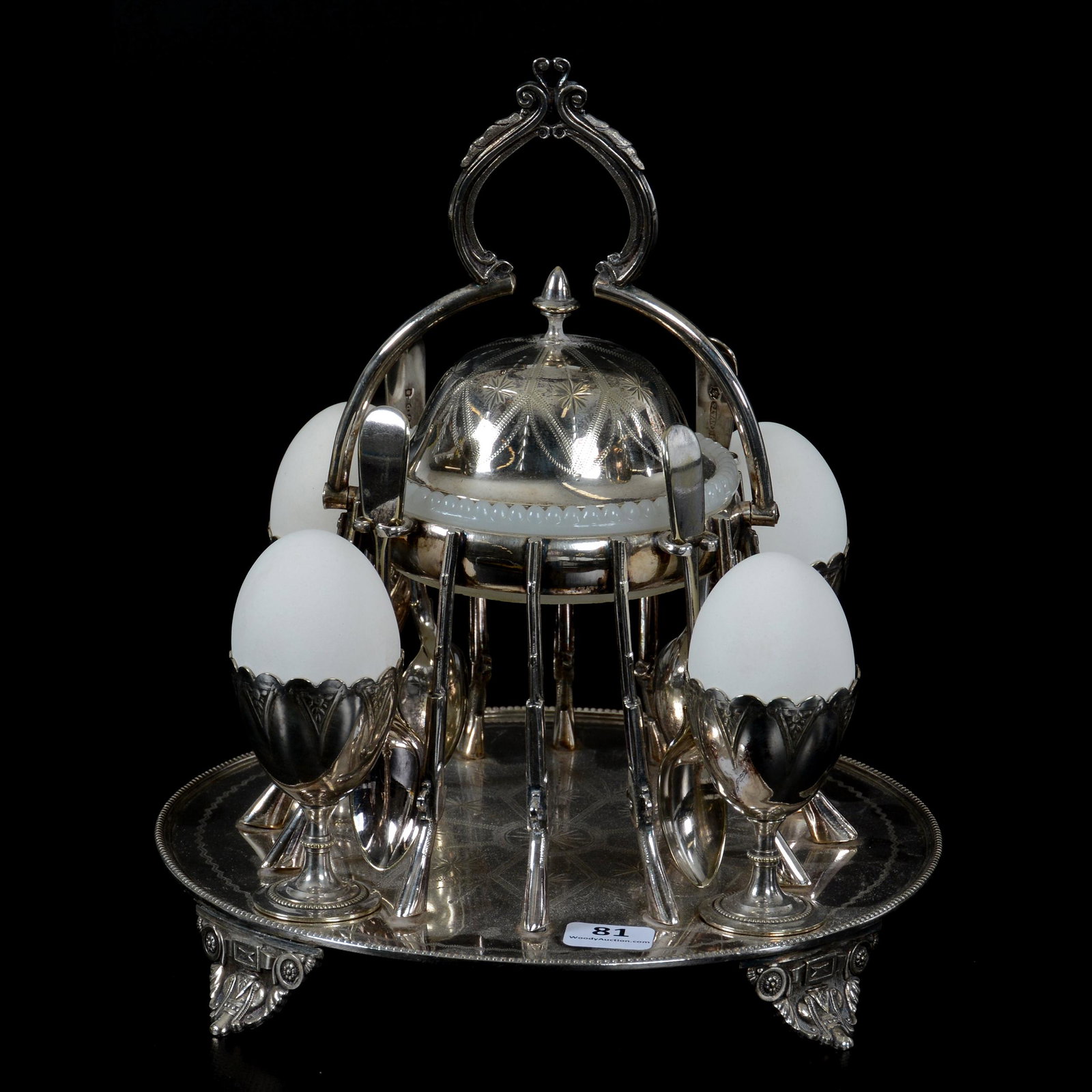 Early Victorian Sheffield English Silverplate Egg set: Early Victorian Sheffield English Silverplate Egg Set, 9" X 8", Maker's Mark "WW", Features Four Removeable Egg Cups, White Opaque Art Glass Salt Insert With Silverplate Lid, Insert Held Up By Twelve 