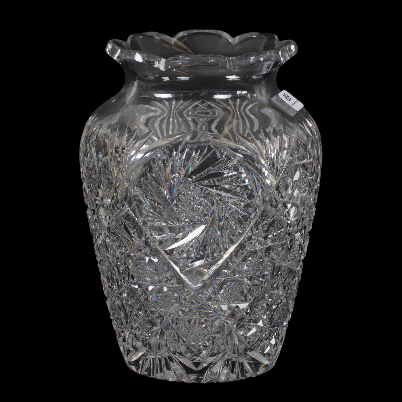 Vase, American Brilliant Cut Glass: Vase, American Brilliant Cut Glass, 9" X 6.25", Pinwheel, Hobstar And Fan Motif, Heavy Blank, Ray Cut Base, Rim Nick Underneath, Dan & Mary Arnold Collection