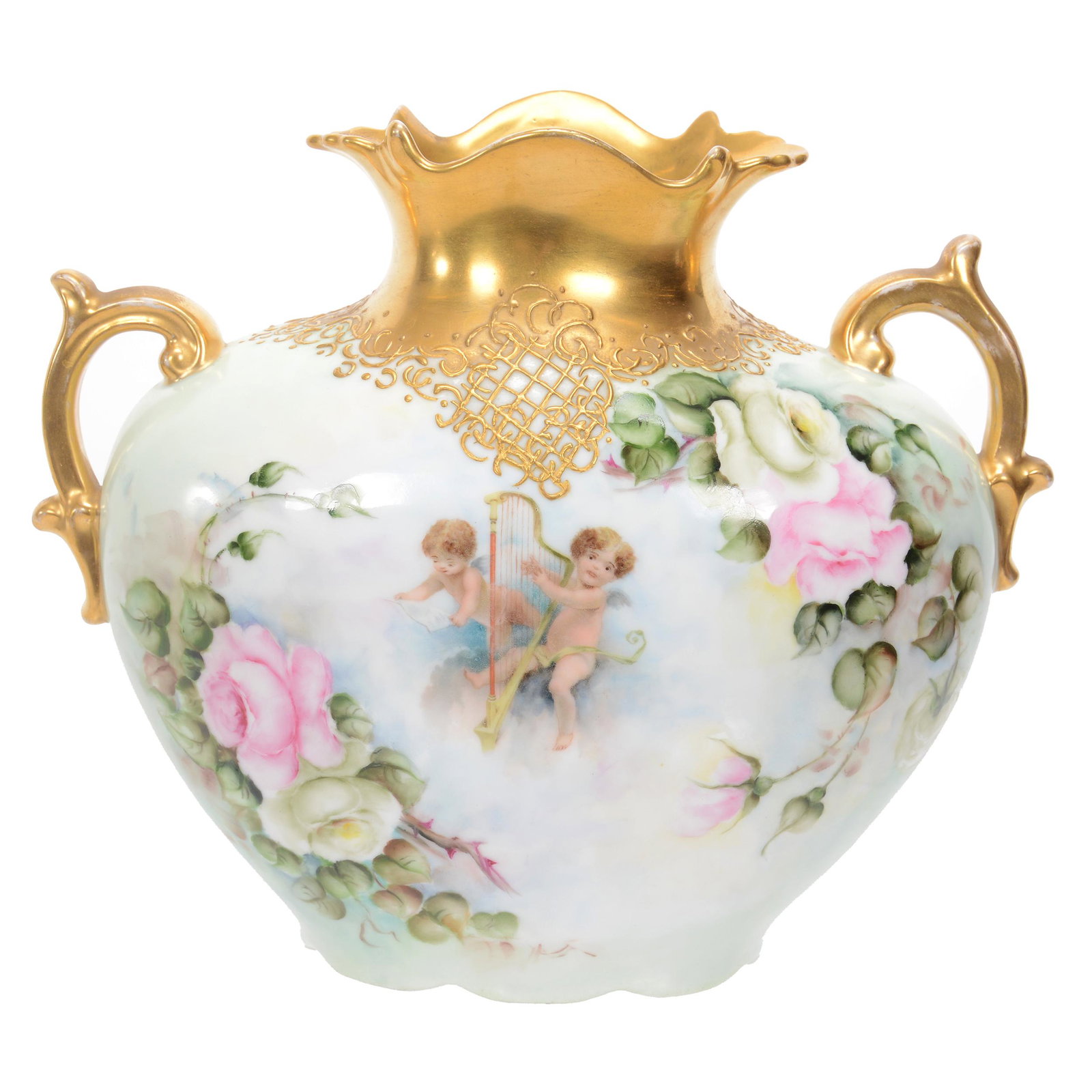 Vase, Two Handles, Marked Austria: Vase, Two Handles, Marked Austria, 8.5" X 9.75", Hand-Painted Cherubs Playing Harp And Rose Decor, Heavy Gold Trim, Artist Signed & Dated 1906, Nicholas R. Pedotto Collection