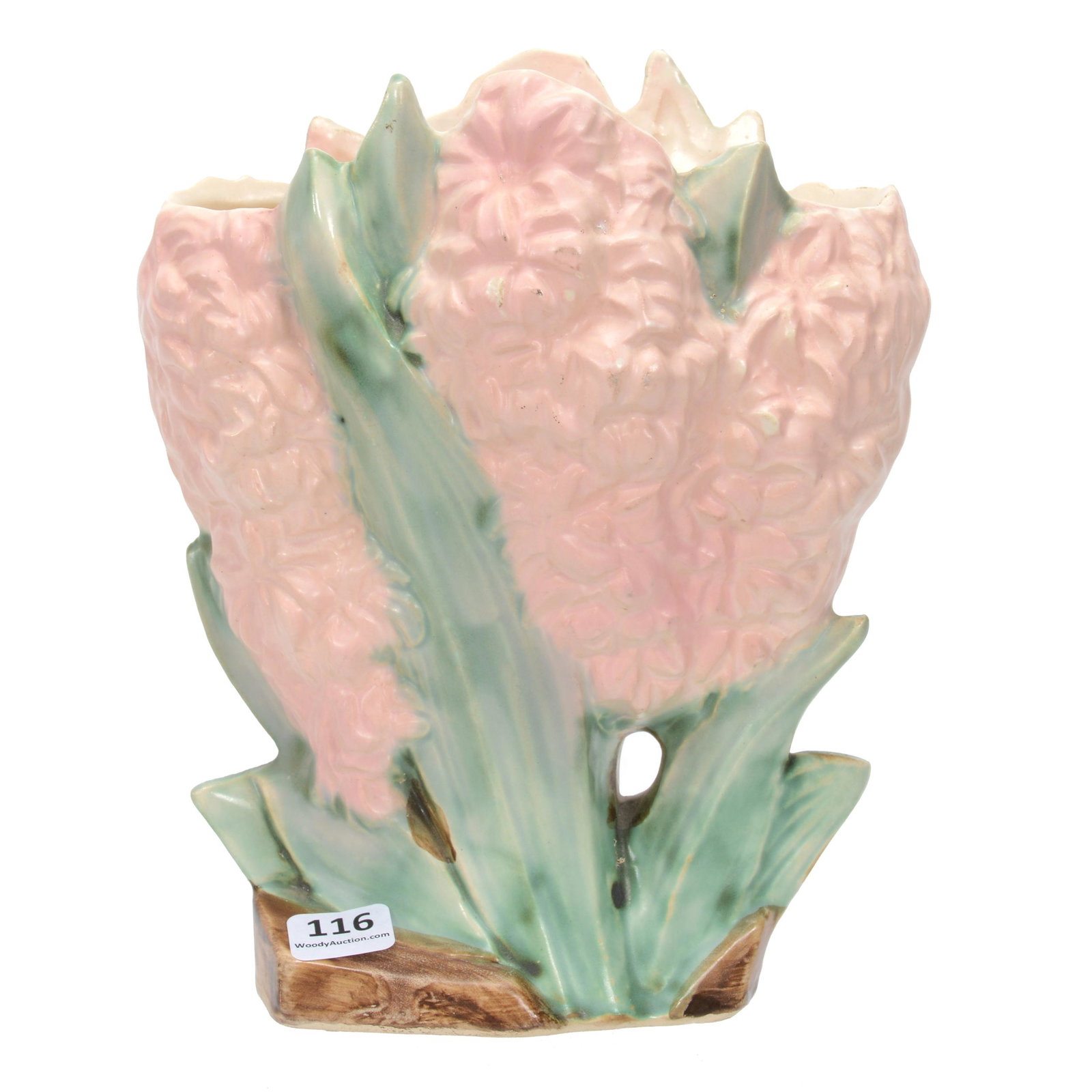 Vase Marked McCoy Art Pottery, Hyacinth: Vase Marked McCoy Art Pottery, Hyacinth, 8", Figural Embossed Hyacinth Flower Vase, Pink And White Tones, Original Paper Label, Private Collection