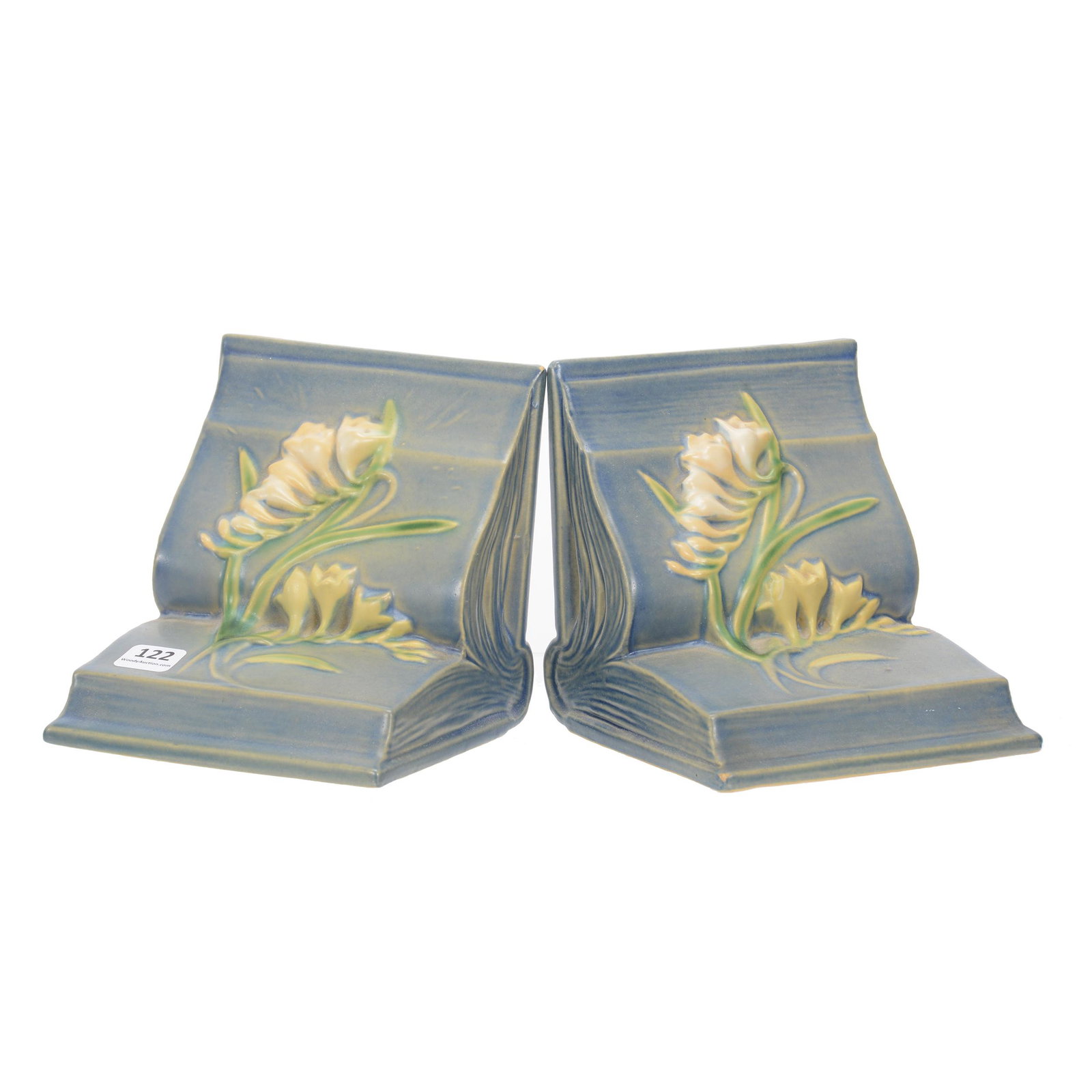Pair Bookends Marked Roseville #15 Art Pottery: Pair Bookends Marked Roseville #15 Art Pottery, 5.25" X 5.25", Freesia Pattern, Blue Tones, Private Collection