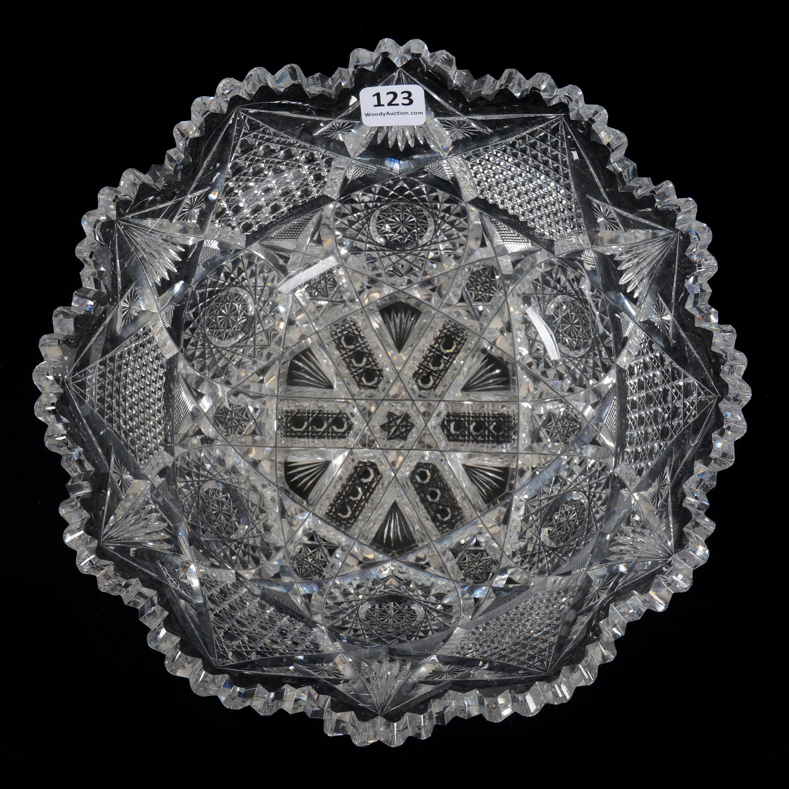 Bowl, American Brilliant Cut Glass: Bowl, American Brilliant Cut Glass, 4.25" X 9.25", Hobstar, Vesica, Cane, Nailhead Diamond, Star And Fan Highlights, Three Tooth Chips, Dan & Mary Arnold Collection