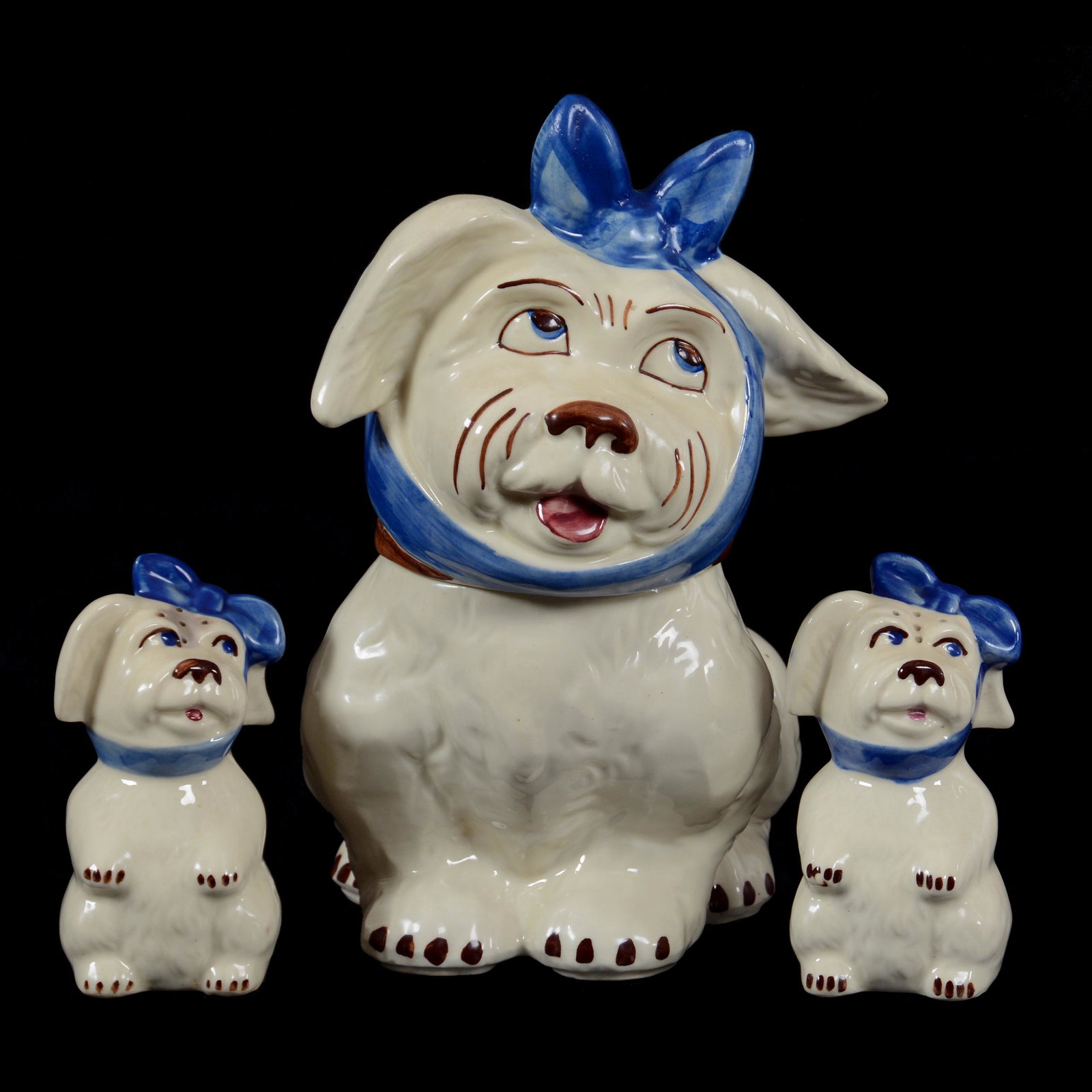Cookie Jar Set, Shawnee Pottery "Muggsy": Cookie Jar Set, Shawnee Pottery "Muggsy", Also Known As Toothache Dog, Blue Handkerchief Bowtie, (1) 11" Cookie Jar, (1) Pair 5" Salt & Pepper Shakers, Private Collection