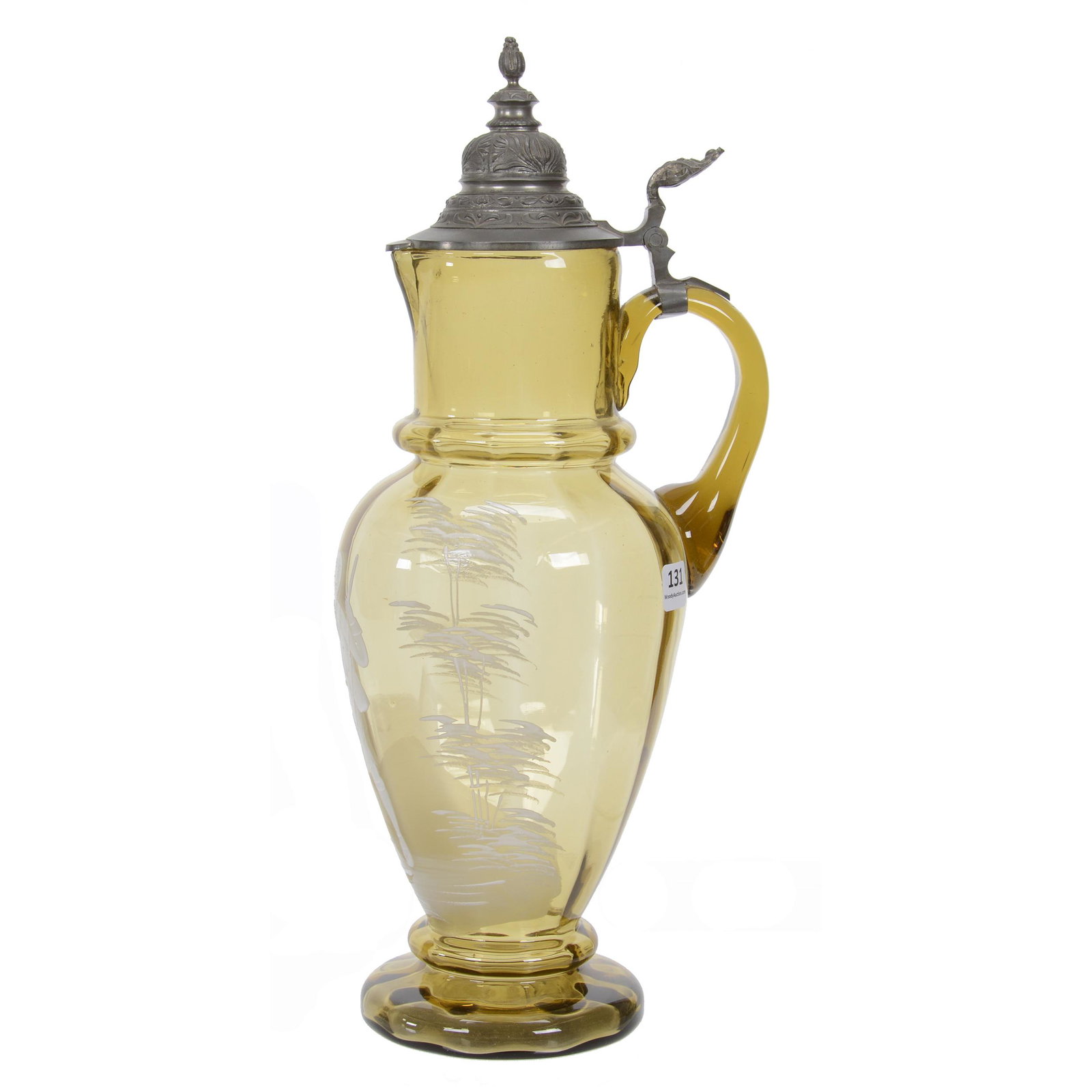 Pitcher, Solid Green Art Glass W/Mary Gregory: Pitcher, Solid Green Art Glass W/Mary Gregory, 15", Decor Of Young Boy Holding Staff And Hat, Pewter Flip Lid, Private Collection