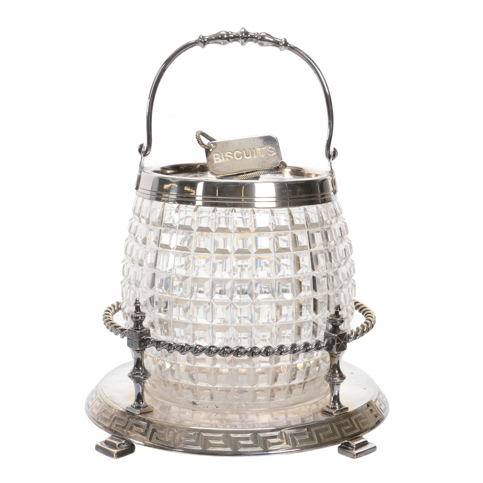 Biscuit Jar, English Cut Glass: Biscuit Jar, English Cut Glass, 6.5" X 7", Block Design With Ray Cut Base, Set On Silverplate Stand, Nice Matching Lid, Dan & Mary Arnold Collection