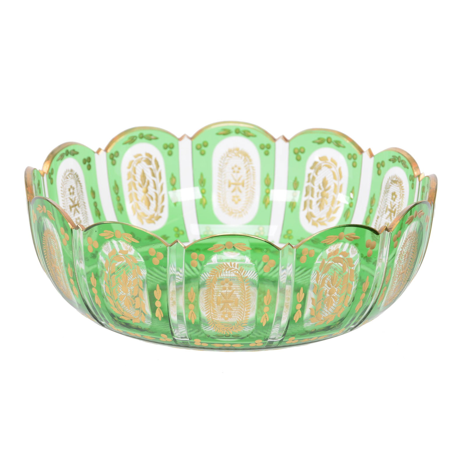 Bowl, Brilliant Period Cut Glass, Green To Clear: Bowl, Brilliant Period Cut Glass, Green To Clear, 3.5" X 9.5", Engraved Medallion Panels With Gold Stencil Highlights, Outside Rim Chip, Dan & Mary Arnold Collection