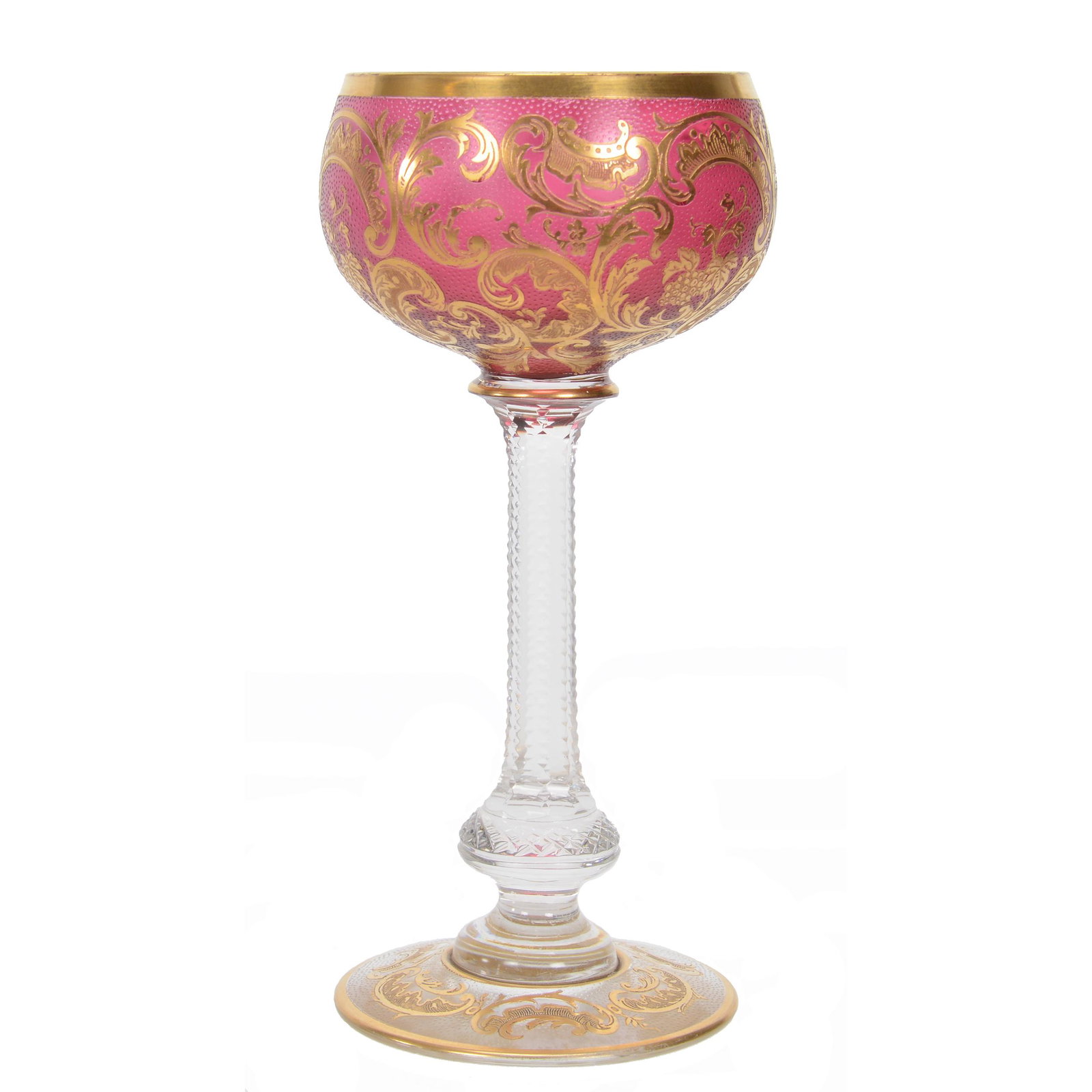 Wine Stem, BPCG, Cranberry Acid Cut Bowl: Wine Stem, Brilliant Period Cut Glass, Cranberry Acid Cut Bowl, 6.75", Rococo And Floral Design On Bowl, Gold Stencil Highlights, Clear Stem And Pattern Matched Foot, Robert Markham Collection
