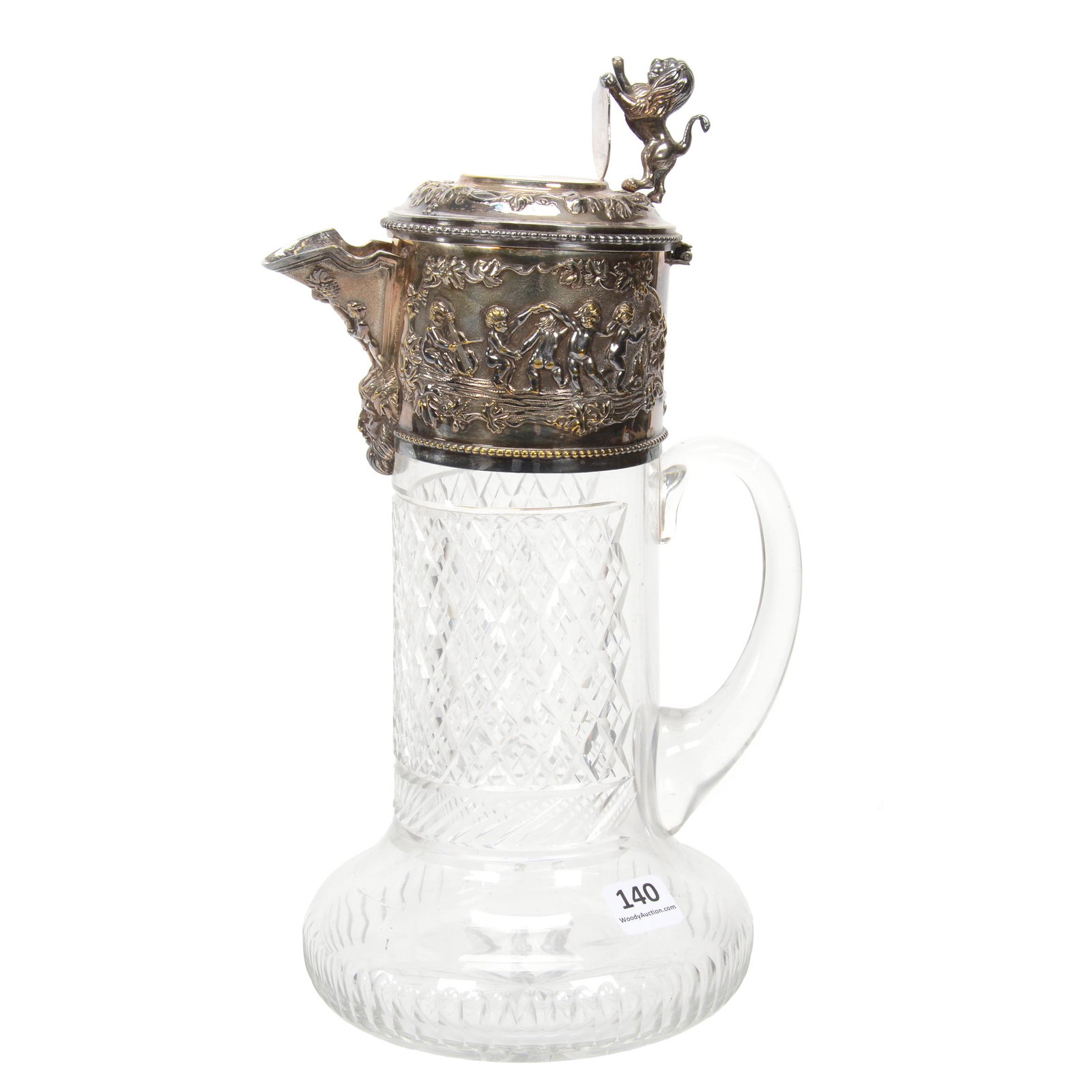 Tankard, English Cut Glass: Tankard, English Cut Glass, 11.25", Crosscut Diamond Motif, Elaborate Embossed Silverplate Spout & Lid With Cherub And Vineyard Decor, Rampant Lion Finial, Hinge On Lid Needs Some Work, Dan & Mary Arn