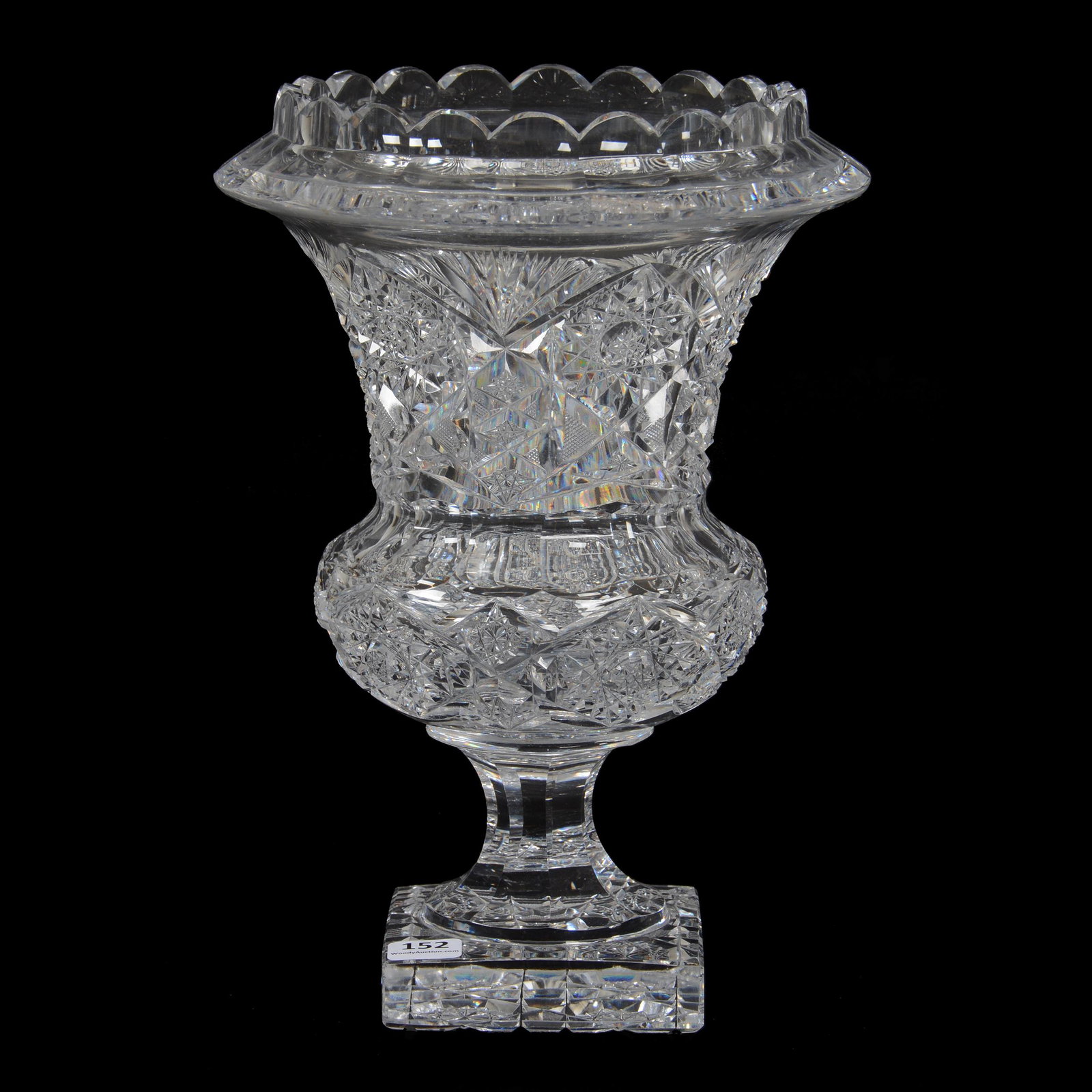 Pedestal Urn/Vase, American Brilliant Cut Glass: Pedestal Urn/Vase, American Brilliant Cut Glass, 11" X 7.5", Hobstar, Strawberry Diamond And Fan Motif, Square Pattern Cut Foot, Excellent Quality Blank, One Base Corner Of Foot Has Chip, Nicholas R. 