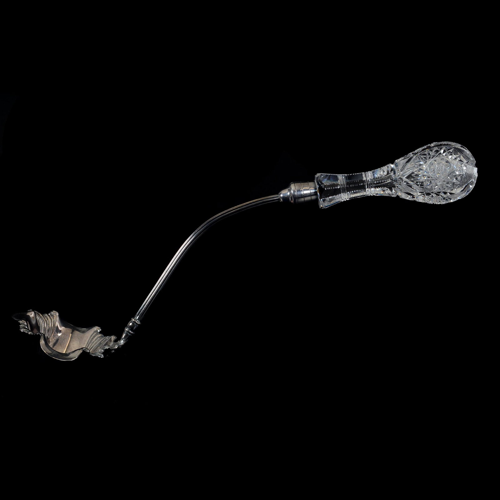 Punch Ladle, ABCG, Silverplate Marked C. F. Monroe: Punch Ladle, American Brilliant Cut Glass, Silverplate Marked C. F. Monroe, 14.5", Exactly As Featured In C.F. Monroe ACGA Catalog Reprint, Page 19, Described As "Matching All Punch Bowls", Nicholas R