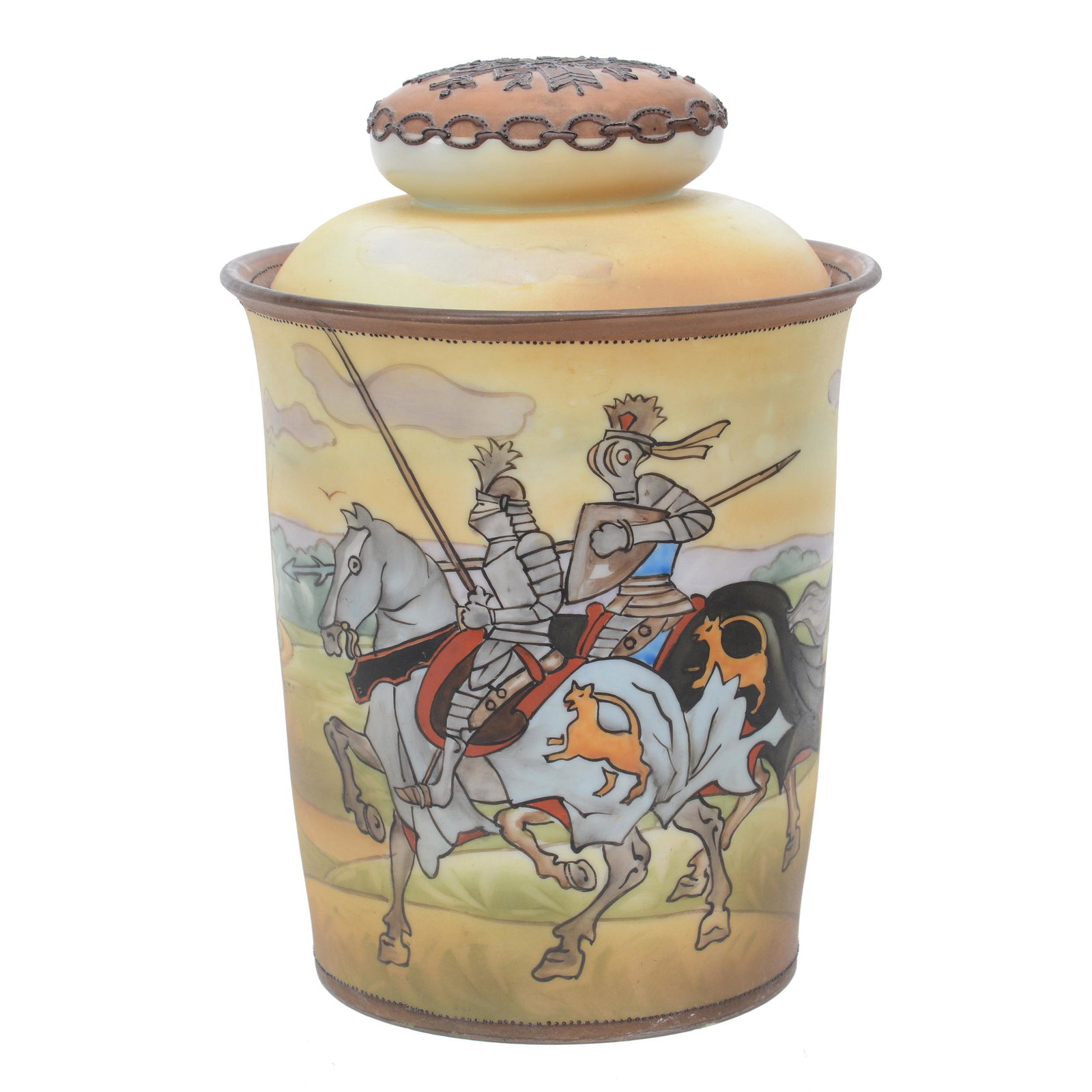 Humidor Marked Nippon, Scenic: Humidor Marked Nippon, Scenic, 7.5" X 5.25", Colorful Scenic Decor Of Two Knights Riding Side-By-Side, Hard To See Hairline In Base, Nicholas R. Pedotto Collection