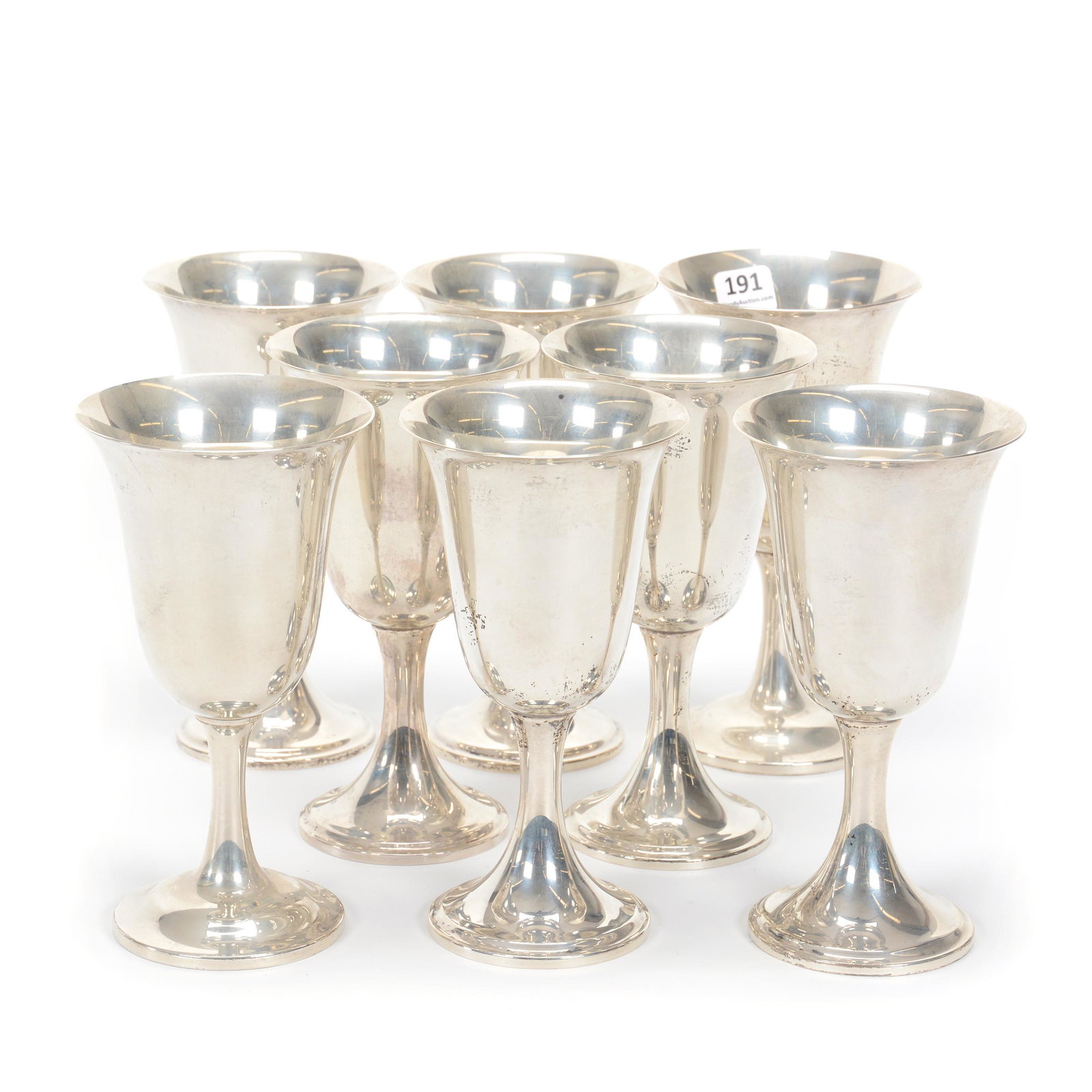 (8) Sterling Silver Goblets: (8) Sterling Silver Goblets, 6.625" X 3.5", Some Marked Claude S. Bennett, Others Marked Wallace Sterling, All Are Matching, Total Weight Of 1,025 Grams, Nicholas R. Pedotto Collection