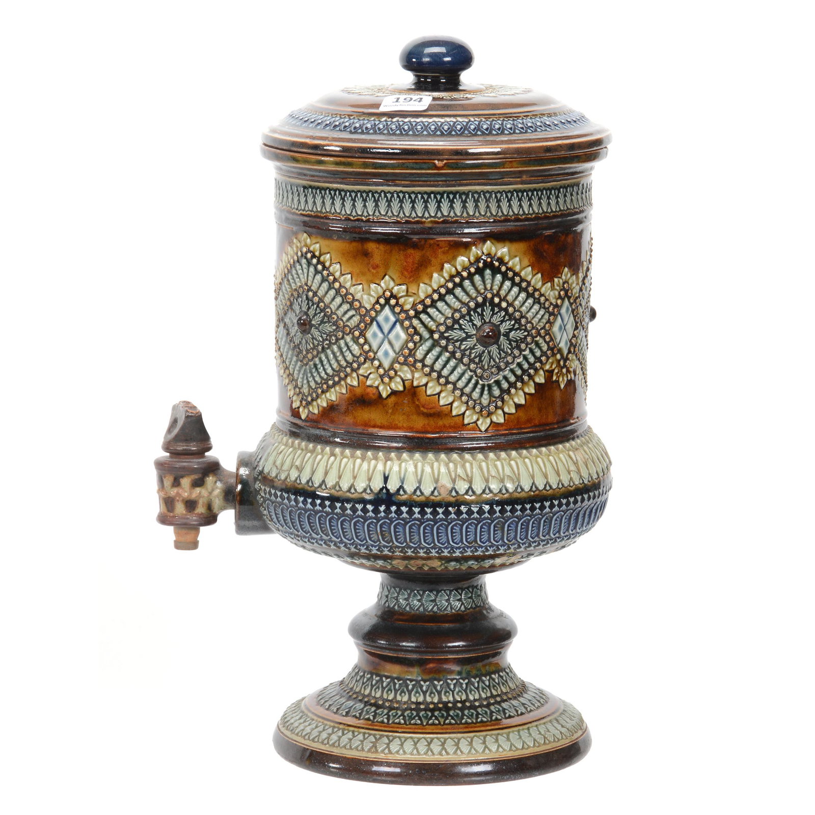 Water Filter Marked Doulton Lambeth: Water Filter Marked Doulton Lambeth, 13.25" X 6.5", Brown, Green And Blue Glaze With Elaborate Textured Design, Original Spigot And Plug, Original Lid, Circa 1883, Nicholas R. Pedotto Collection