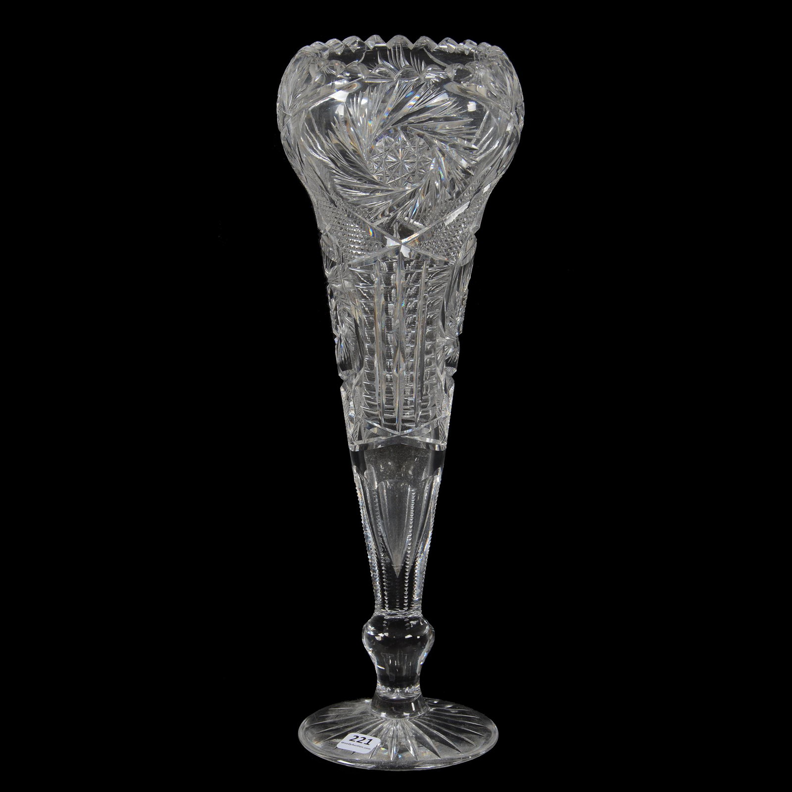 Pedestal Tulip Vase, American Brilliant Cut Glass: Pedestal Tulip Vase, American Brilliant Cut Glass, 16", Pinwheel, Vesica, Nailhead Diamond, Strawberry Diamond, Zipper And Fan Motif, Ray Cut Foot, Dan & Mary Arnold Collection