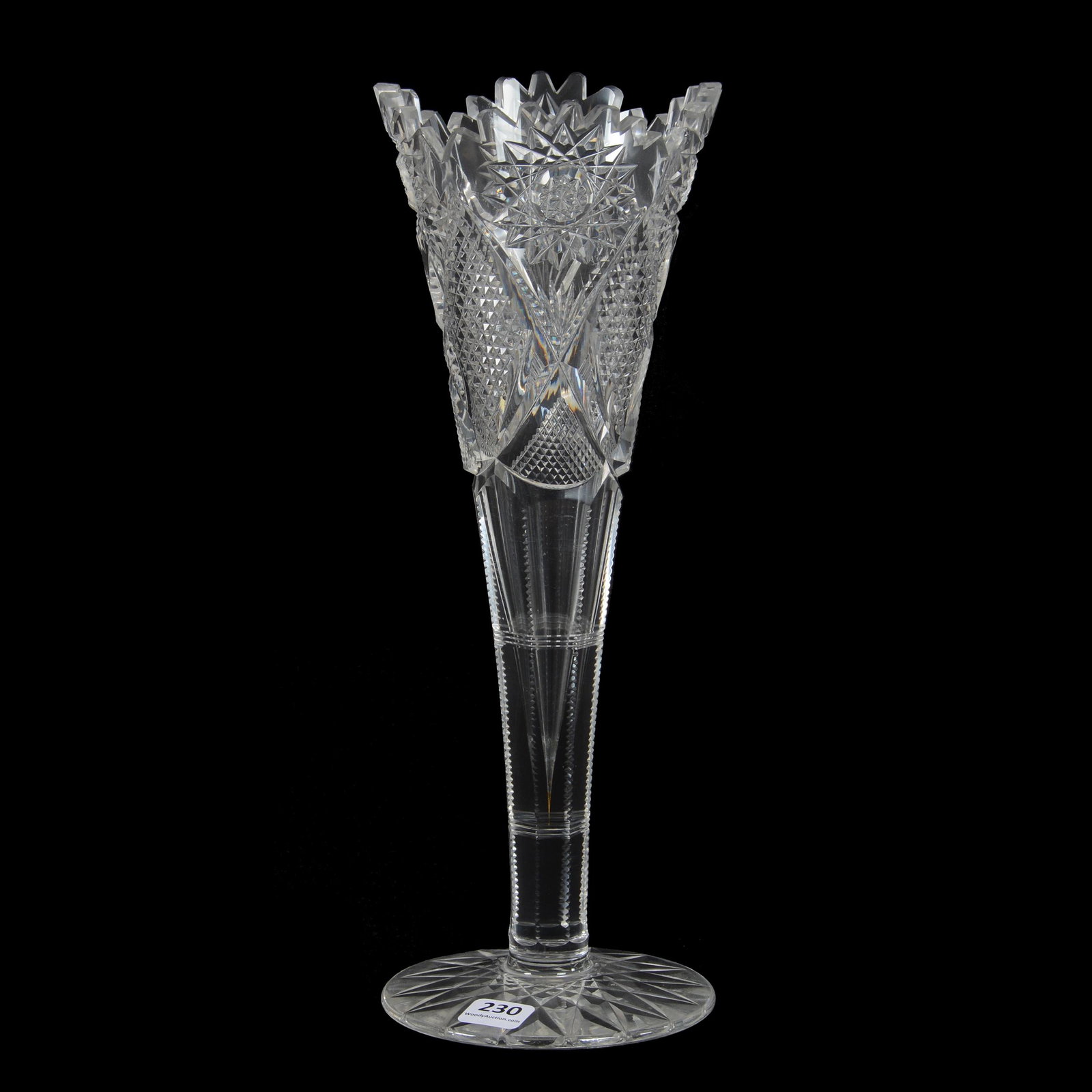 Trumpet Vase, American Brilliant Cut Glass: Trumpet Vase, American Brilliant Cut Glass, 12.25" X 4.5", Hobstar, Nailhead Diamond, Strawberry Diamond And Fan Motif, Hobstar Foot, Dan & Mary Arnold Collection