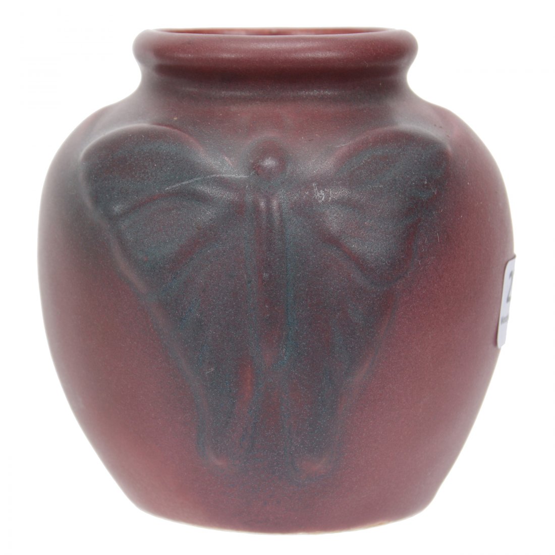 Vase Marked Van Briggle Art Pottery: Vase Marked Van Briggle Art Pottery, 3.75" X 3.75", Embossed Butterfly Design, Mulberry Tones, Private Collection. UPDATED 3-29-21: Hairline crack inside rim