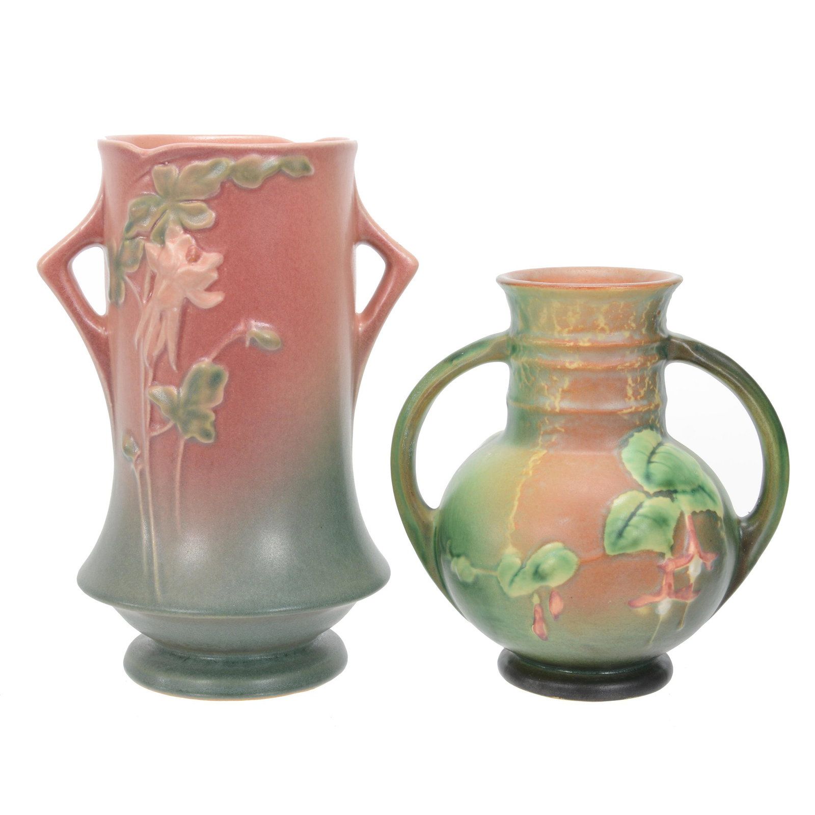 (2) Roseville Art Pottery Two Handled Vases: (2) Roseville Art Pottery Two Handled Vases, (1) #30-8", Columbine Pattern, Pink Shading To Green, (1) #891-6", Fuchsia Pattern, Green And Brown Tones, Nicholas R. Pedotto Collection