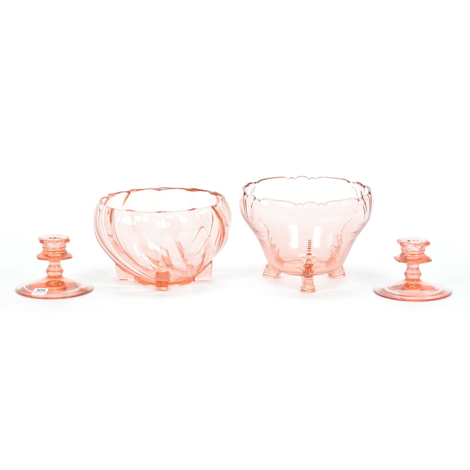 (4) Heisey Pink Depression Glass Items: (4) Heisey Pink Depression Glass Items, (1) 5.75" X 8" Footed Bowl, Empress Pattern, (1) 5" X 8" Footed Bowl, Marked Heisey Twist Pattern, (1) Pair 3" X 4.5" Candlesticks, Robert Markham Collection