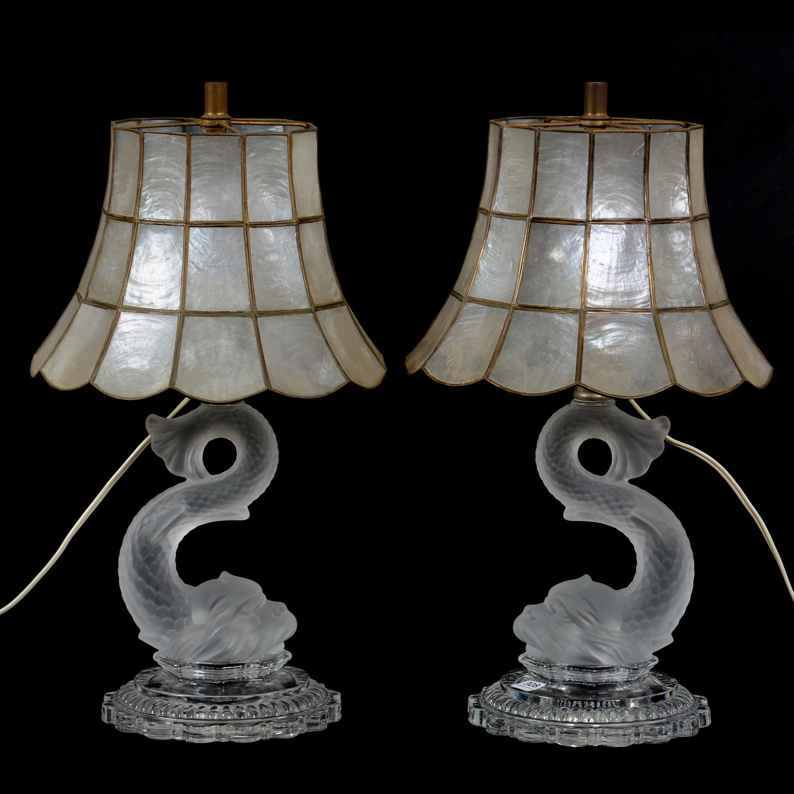 Pair Signed Baccarate Figural Dolphin Table Lamps: Pair Signed Baccarat Figural Dolphin Table Lamps, 18", Single Bulb, Electrified, Elegant Frosted Dolphin On Clear Scalloped Base, Each Lamp Sells With Original Abalone Shell Shade, Robert Markham Coll