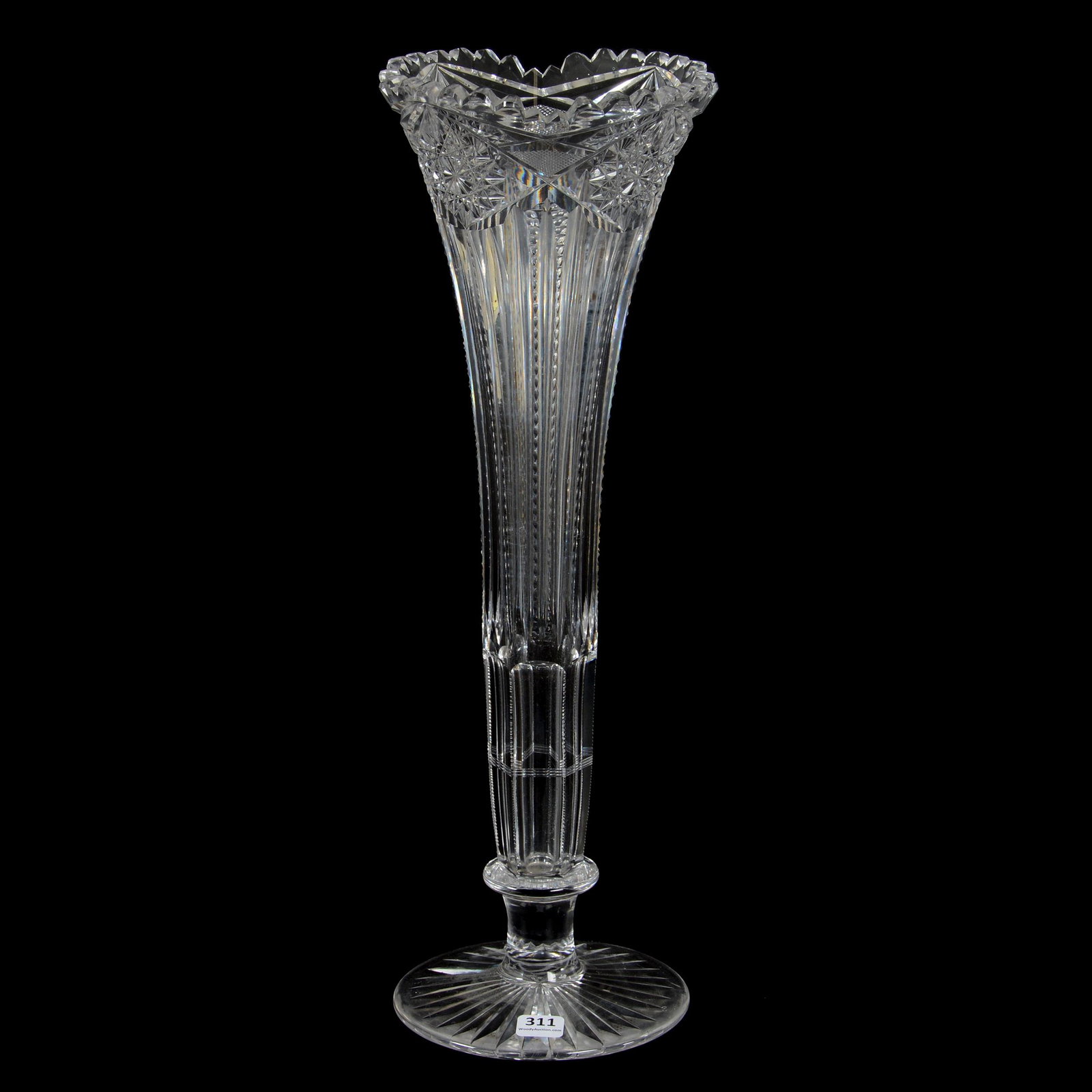 Trumpet Vase, American Brilliant Cut Glass: Trumpet Vase, American Brilliant Cut Glass, 18" X 6.25", Hobstar, Strawberry Diamond And Prism Motif, Ray Cut Foot, Dan & Mary Arnold Collection
