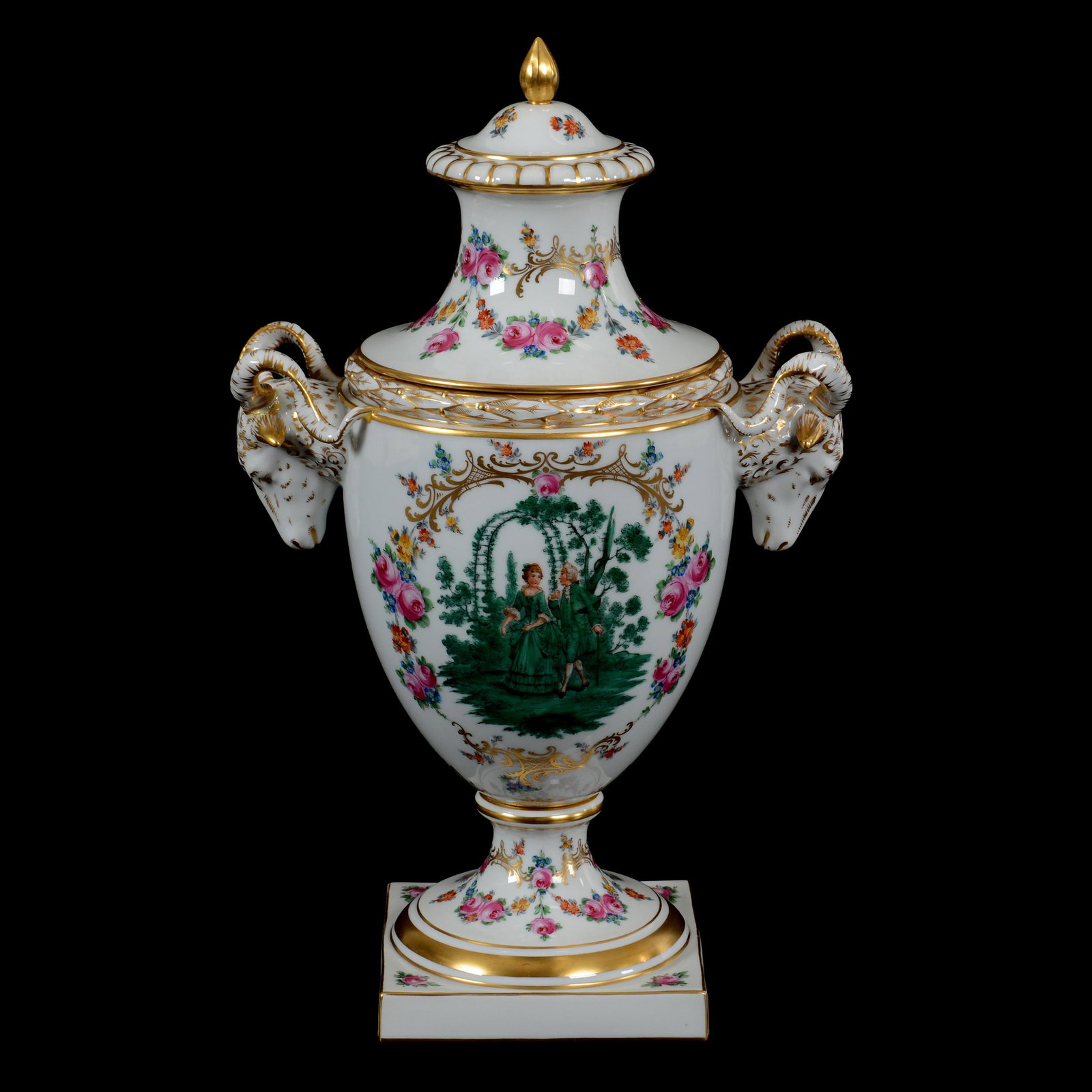 Pedestal Urn Marked Franz Wittwer: Pedestal Urn Marked Franz Wittwer, 18" X 11", White With Courting Scene Decor, Colorful Rose And Gold Stencil Highlights, Full Figure Ram's Head Handles, Circa 1950's, Robert Markham Collection