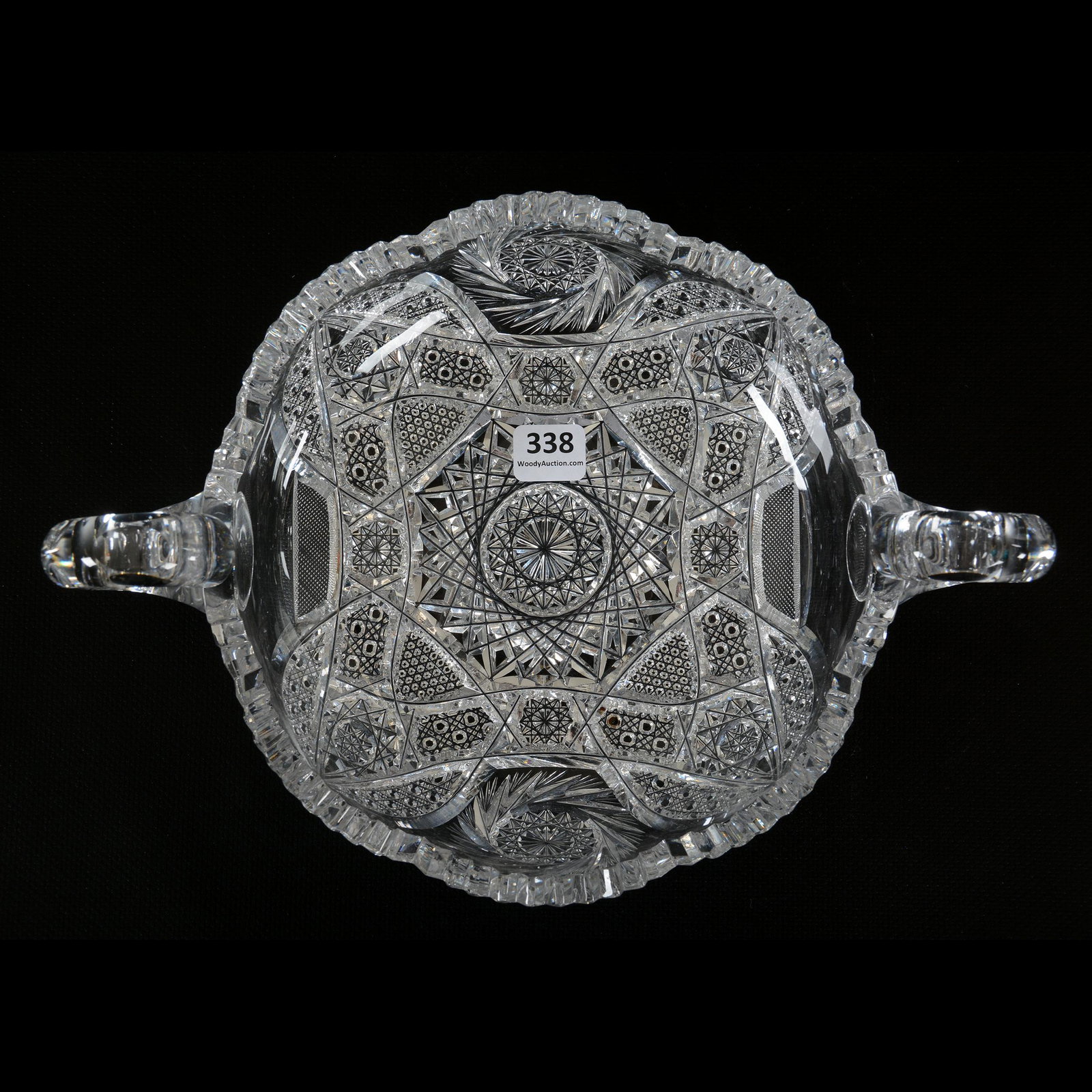 Low Bowl, Two Handled, ABCG: Low Bowl, Two Handled, American Brilliant Cut Glass, 3.5" X 11.25", Hobstar, Pinwheel, Vesica, Cane, Nailhead Diamond And Strawberry Diamond Motif, Dan & Mary Arnold Collection