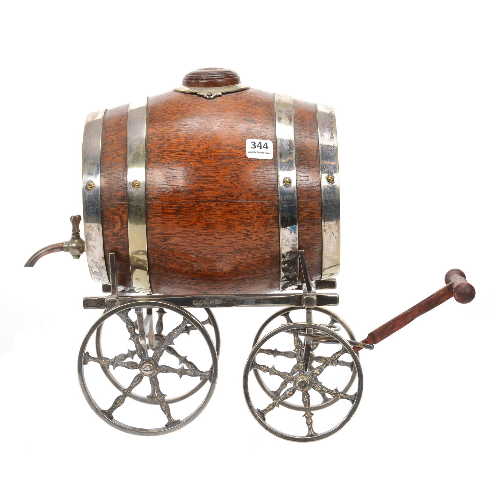Figural Keg On Cart Whiskey Dispenser: Figural Keg On Cart Whiskey Dispenser, 12" X 12", Silverplate Hallmarks On Workable Four-Wheel Cart, Oak Keg With Silverplate Banding And Spigot, Dan & Mary Arnold Collection