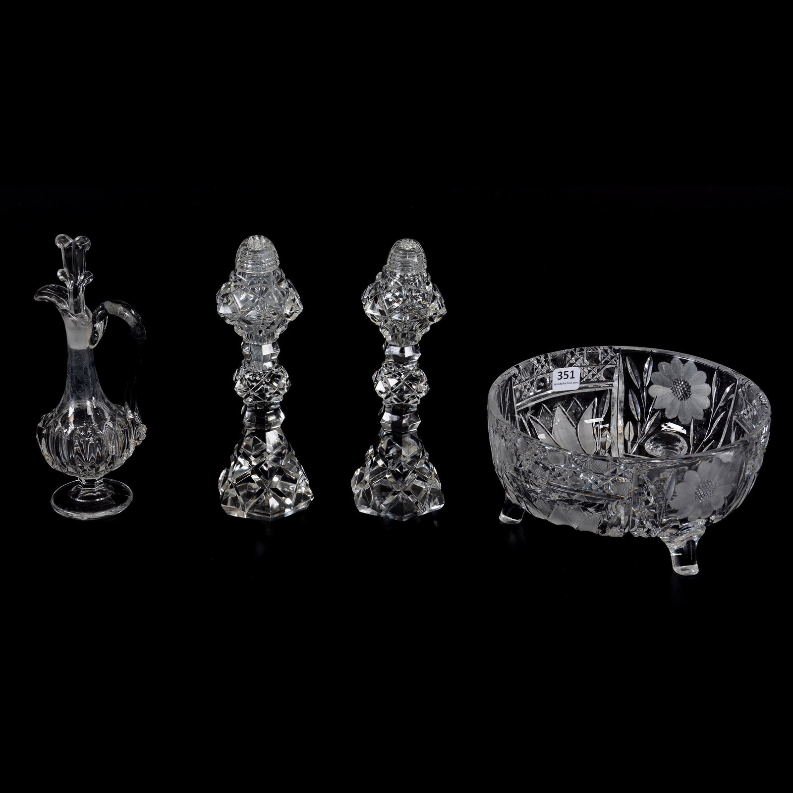 (4) Clear Cut Glass And Pattern Glass Items: (4) Clear Cut Glass And Pattern Glass Items, (1) 7.5" Three-Footed Bowl, Tulip, Daisy And Harvard Cut Motif, Small Foot Chip, (1) Pair 7.75" Six-Sided Cut Glass Salt & Pepper Shakers, (1) 8" Pattern G