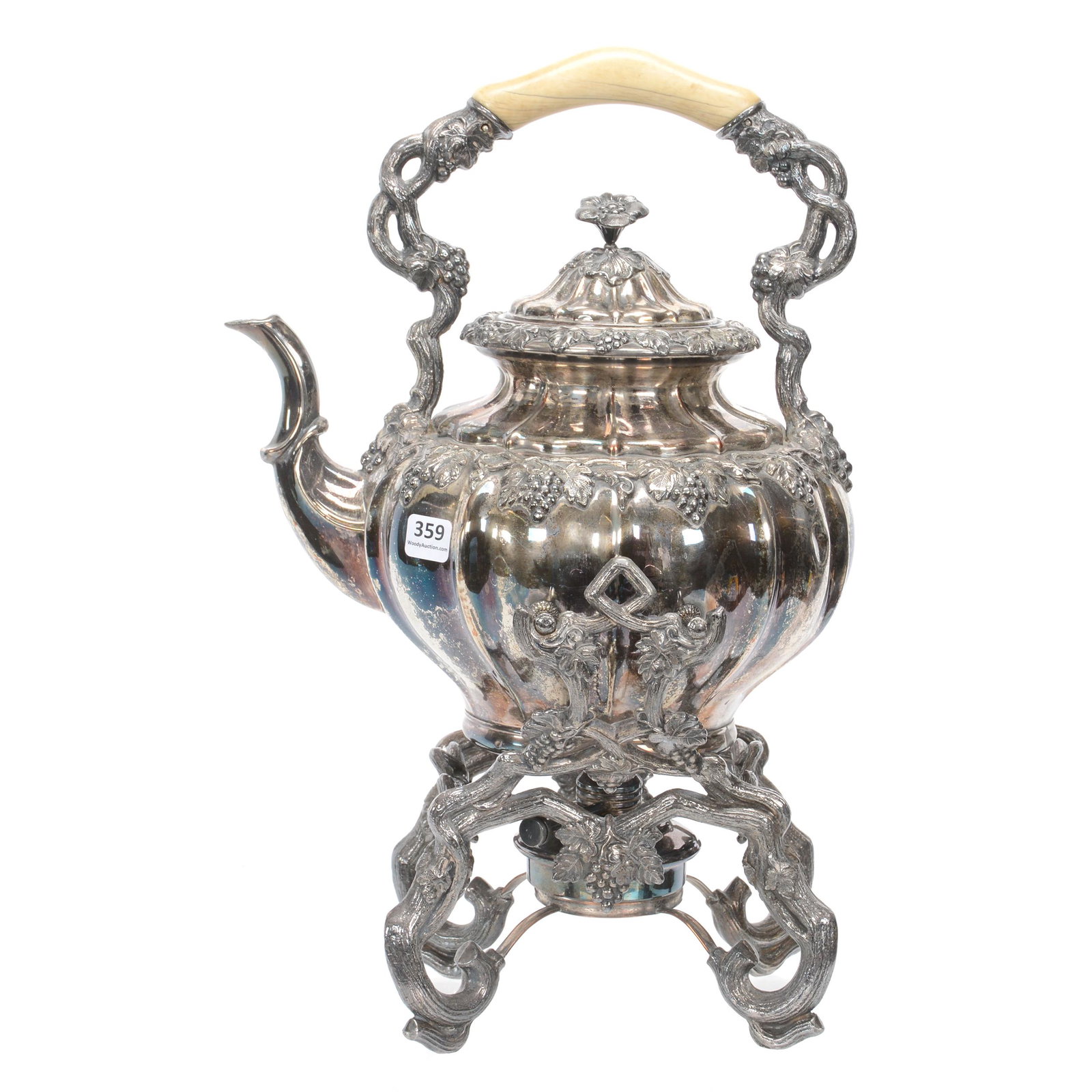 Victorian Silver Coffee Service W/Stand: Victorian Silver Coffee Service W/Stand, 16" X 10", French Silver Over Copper, Attributed To Alphonse Buffat, Circa 1890-1927, Very Ornate With Elaborate Figural Grapevine Stand, Bone Handle, Dan & Ma