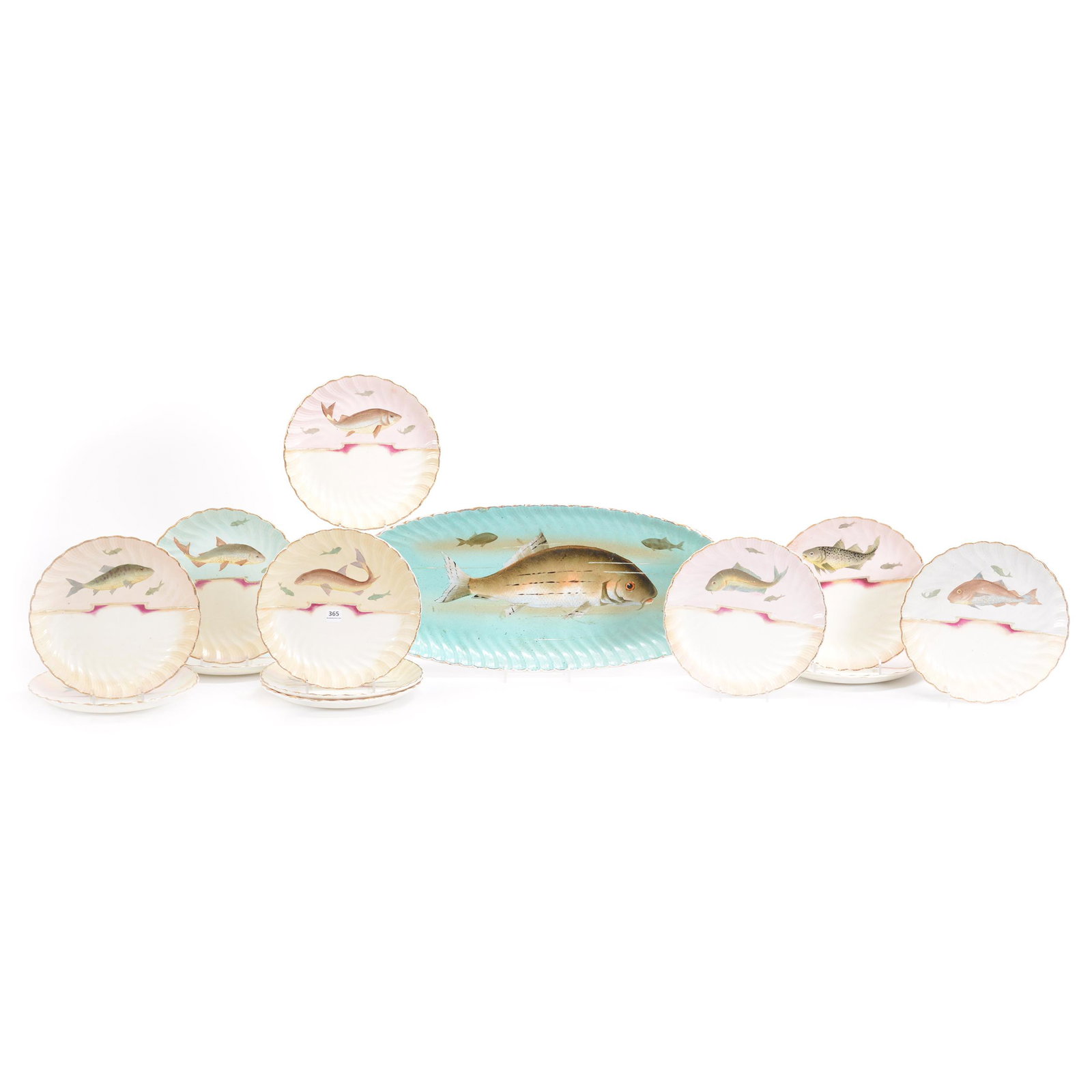 Fish Set, Earthenware By Franz Anton Mehlem: Fish Set, Earthenware By Franz Anton Mehlem, Scalloped Design With Assorted Fish Scenes And Colored Background, Bonn Mark Used 1881-1920, (1) 23" Tray, (12) Matching 9" Plates, One Plate Has Chip, Dan