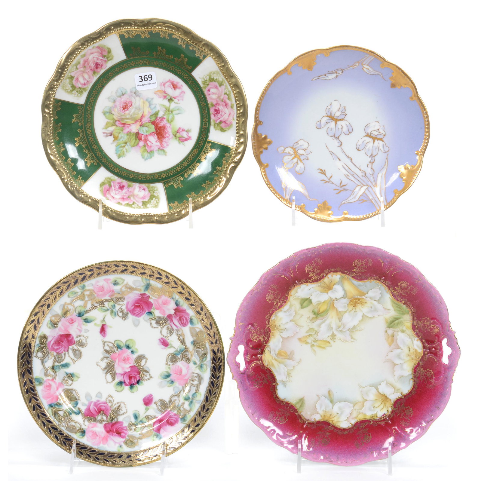 (4) Porcelain Plates: (4) Porcelain Plates, (1) 9.5" Marked Germany, Pink Border With White Lily Decor, (1) 8.5" Marked Nippon, Rose Decor, Gold Trim, (1) 8.5" Marked Germany, Green And White With Rose Decor, (1) 7.25" Mar