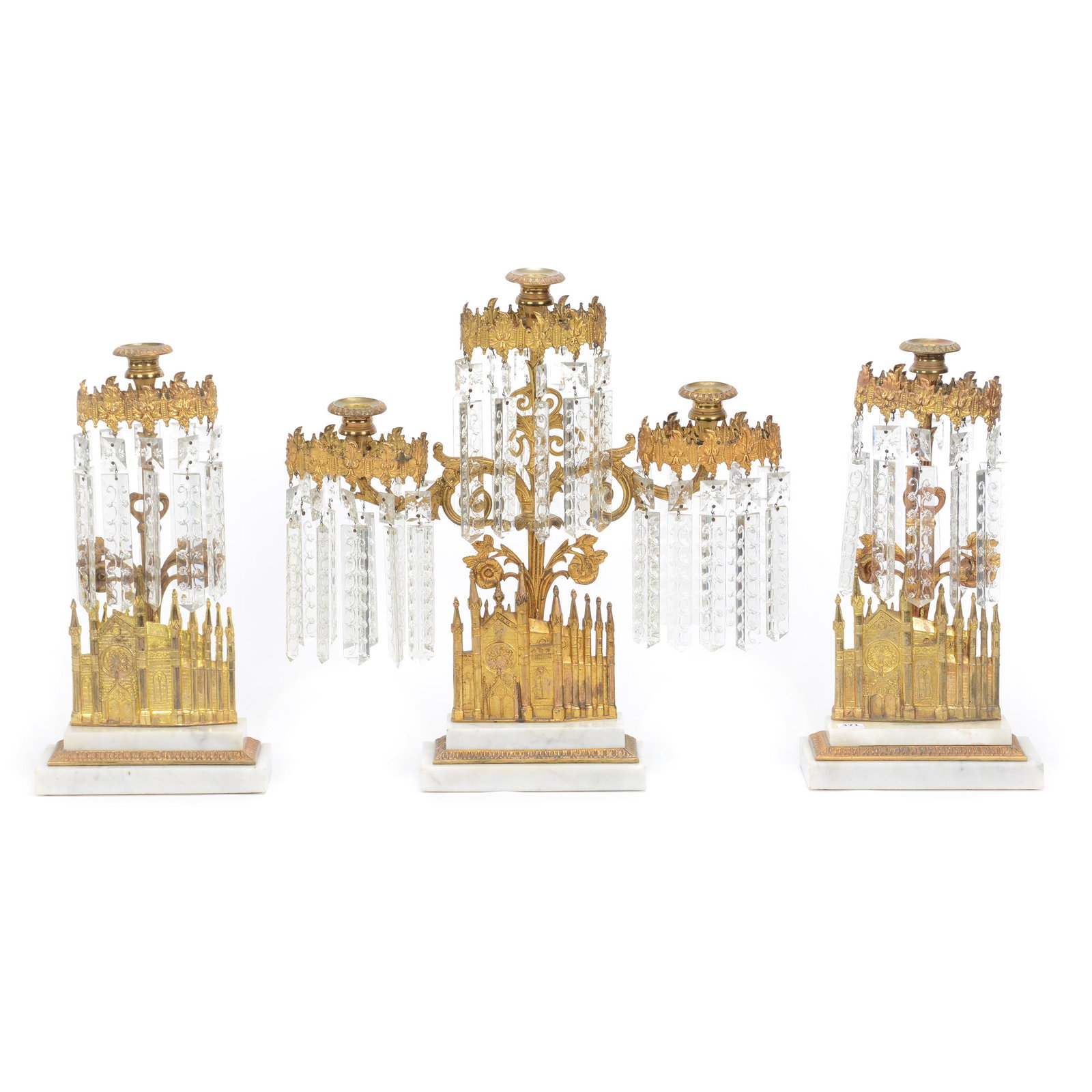 Girandole Set, Three Piece, Brass & Marble: Girandole Set, Three Piece, Brass & Marble, Set Made By William F. Shaw, After 1852, Beautiful Brass Cathedral Design, Exactly As Set Featured In Metropolitan Museum, Marble Base, Lovely Flat Prisms, 