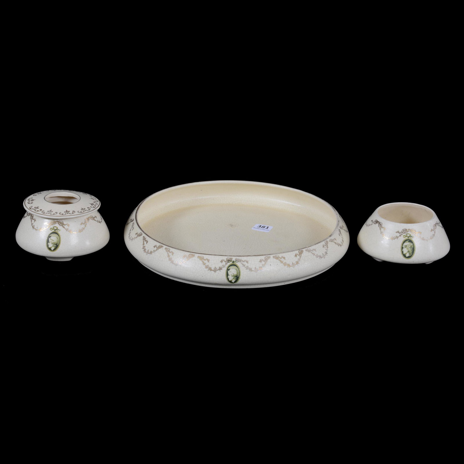 Roseville Pottery Dresser Set, Unmarked: Roseville Pottery Dresser Set, Unmarked, (1) 10" Round Tray With Matching Hair Receiver And Open Dish, Medallion Creamware, Powder Jar Missing Lid, Nicholas R. Pedotto Collection